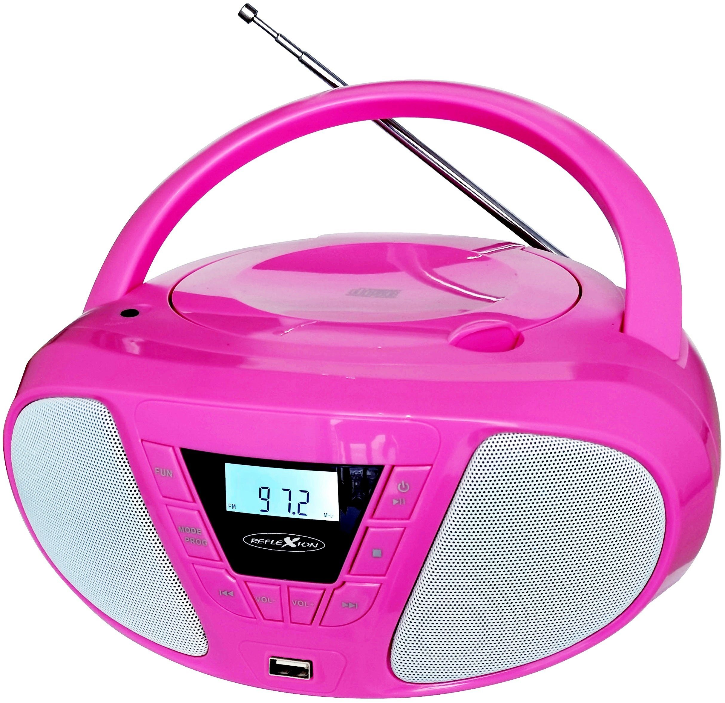 Reflexion CDR614U Boombox (UKW PLL Stereo Radio, 16,00 W, Programmier-Funktion (CD: 20 Tracks), USB für MP3-Wiedergabe, Boombox) pink