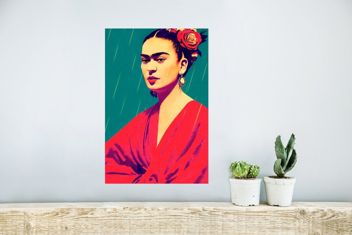 Vintage Rahmen St), - für - - Frau Poster, - Poster Porträt (1 Kahlo Frida Wandposter Wandbild, Wohnzimmer, MuchoWow Rot, Ohne
