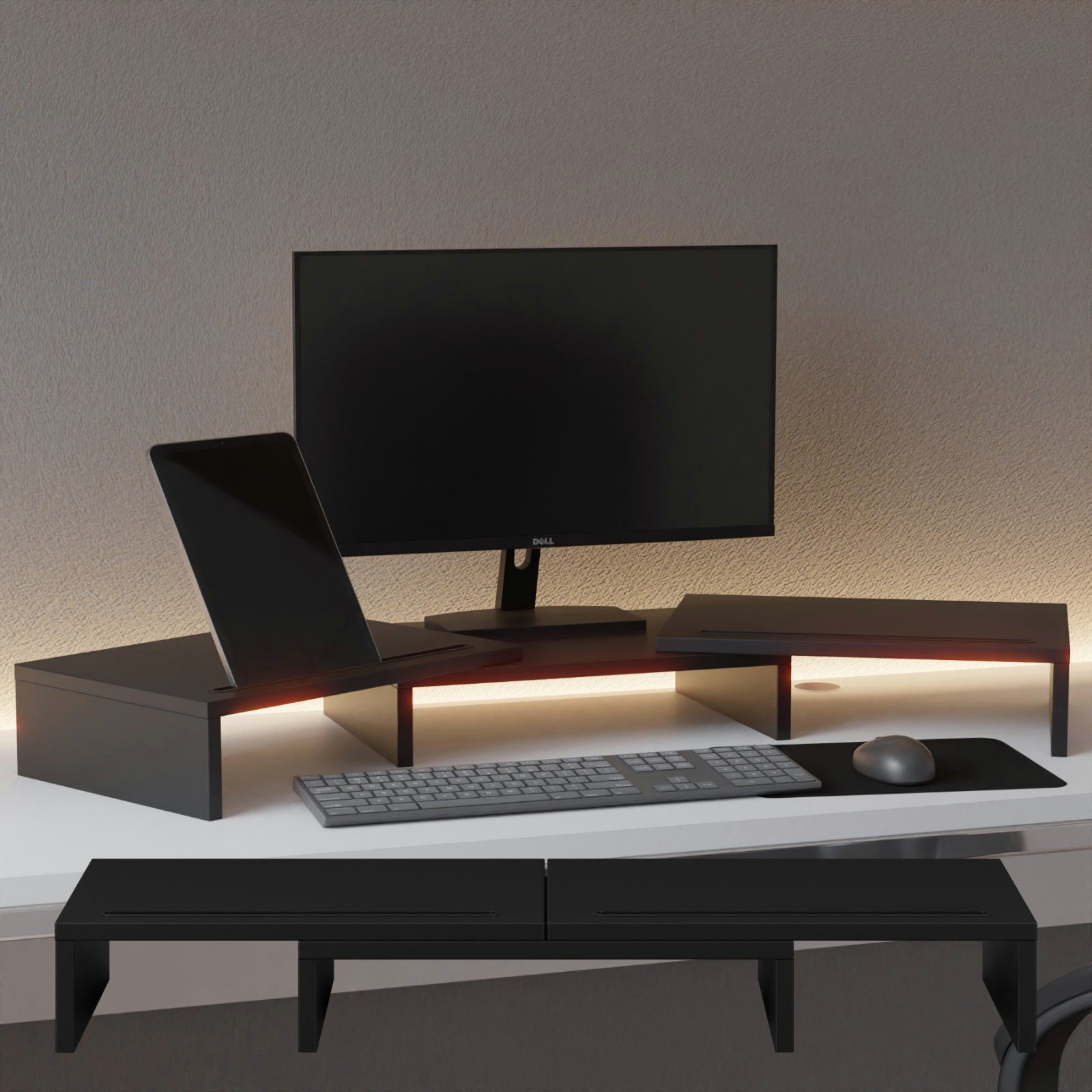 HAGO Schreibtischaufsatz 3-tlg. Monitorständer Unterbau Auflage drehbar Set schwarz Tischhalterung