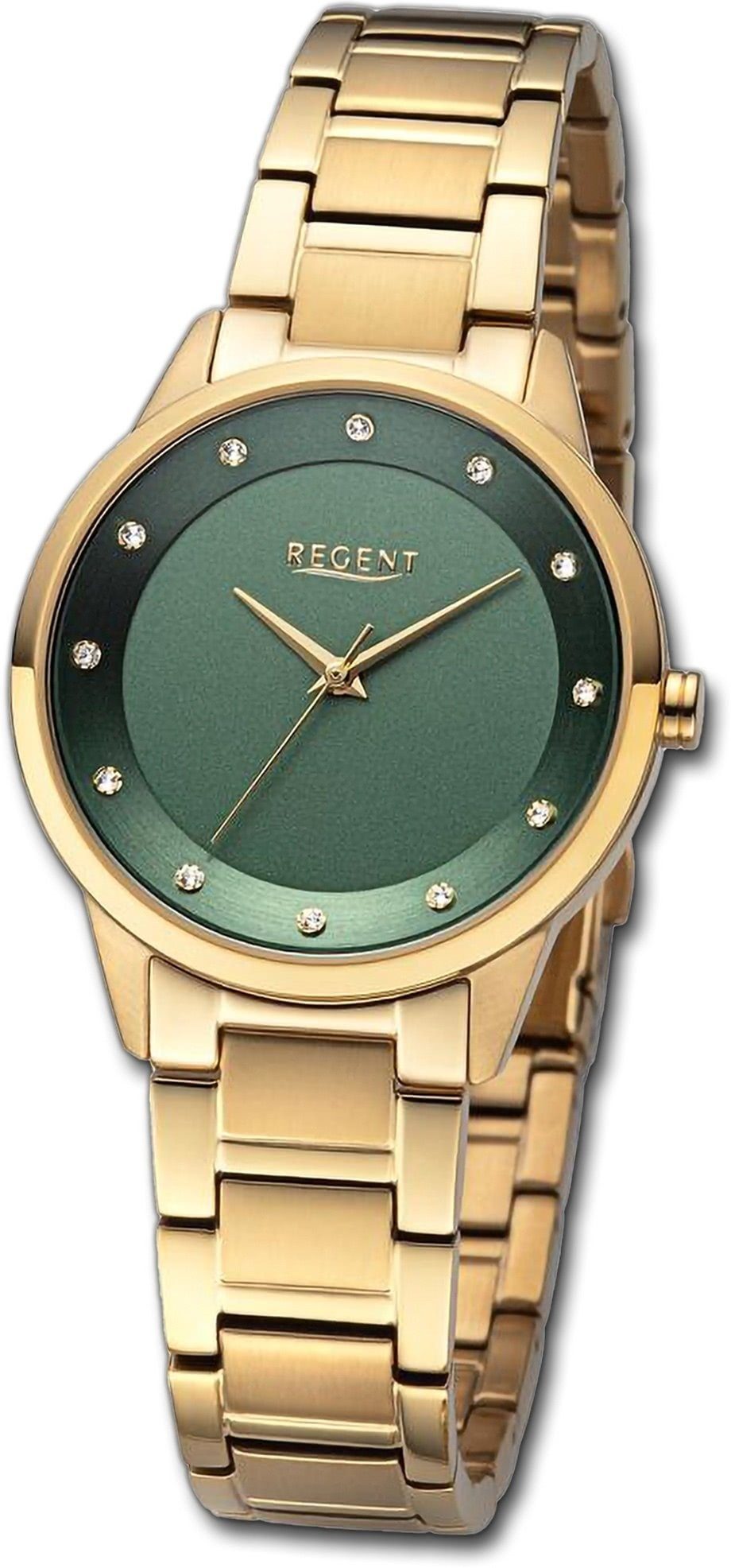 Regent Quarzuhr Regent Damen Armbanduhr Analog, Damenuhr Metallarmband gold, rundes Gehäuse, extra groß (ca. 33mm)