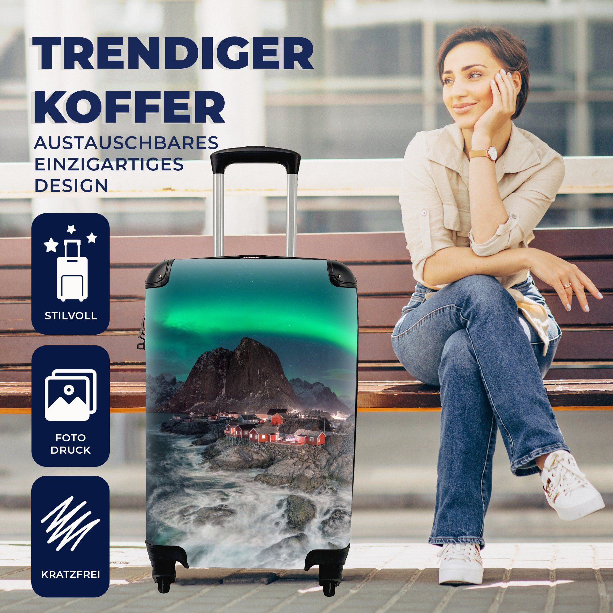 MuchoWow Handgepäckkoffer Norwegen - mit Nordlichter Reisekoffer Rollen, Reisetasche für Ferien, Trolley, rollen, 4 Handgepäck Meer, 