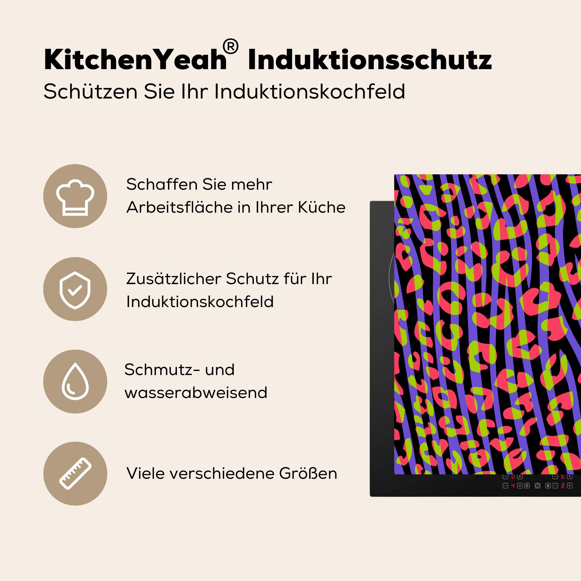 (1 Ceranfeldabdeckung, - MuchoWow Neon, 78x78 cm, - Zebra Vinyl, für Arbeitsplatte küche Herdblende-/Abdeckplatte tlg), Pantherdruck
