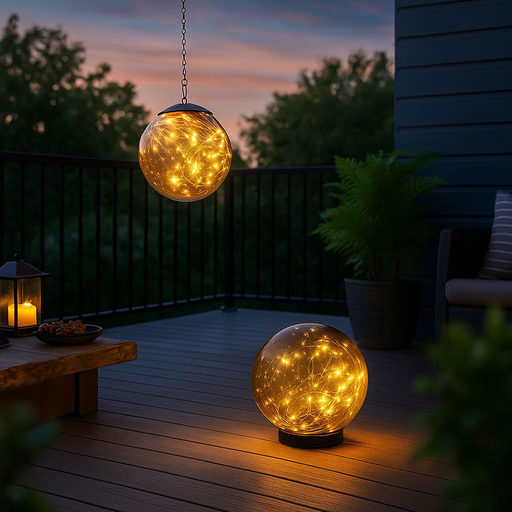GLOBO LIGHTING LED Solarleuchte, LED-Leuchtmittel fest verbaut, 2er Set LED Solar Kugel Deko Lampen Außen Steh Strahler Garten