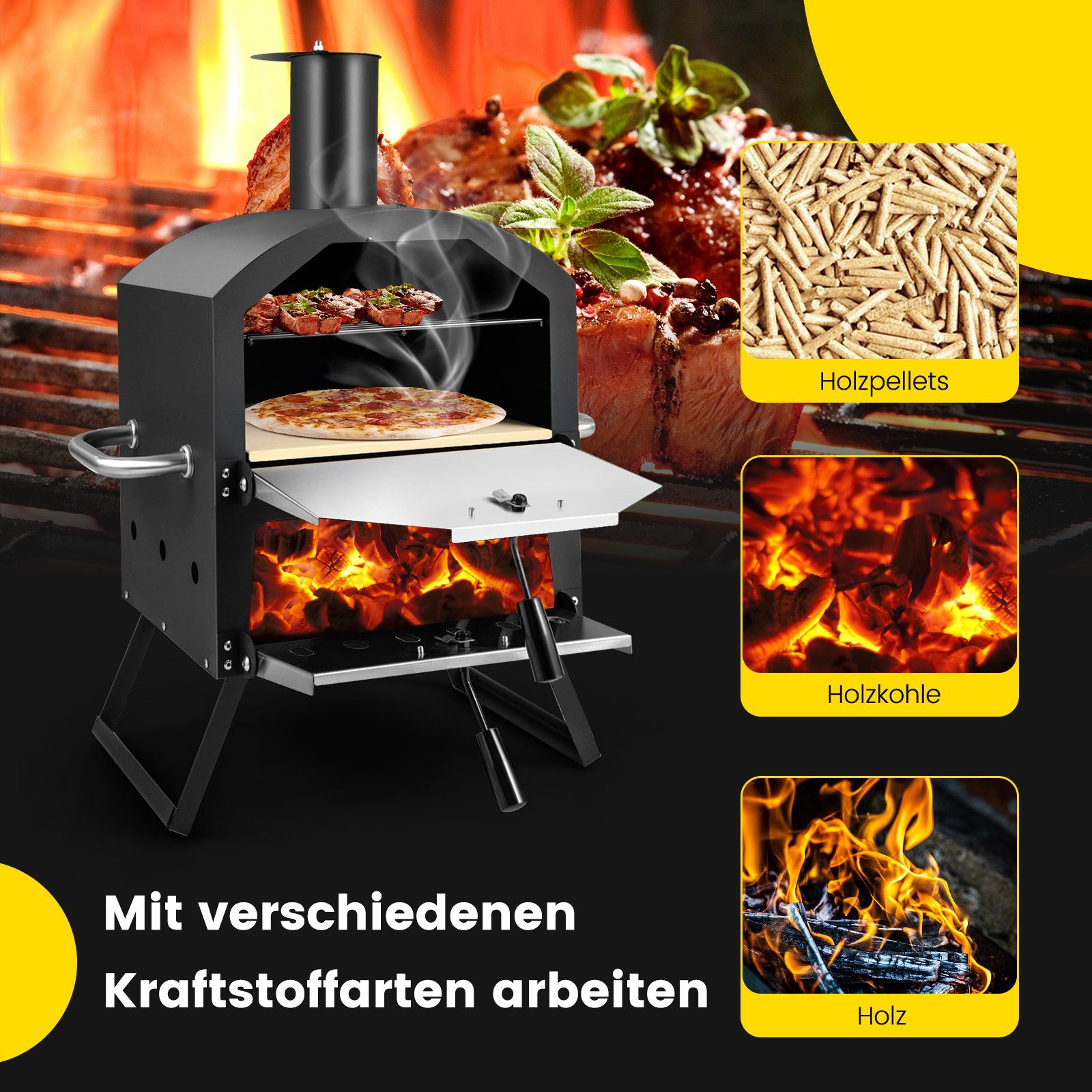 COSTWAY Pizzaofen 2-Schicht Holzofen, Outdoor, mit Pizzastein & Pizzaschaufel – Bild 4 von 5