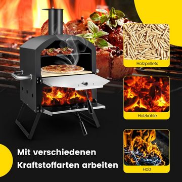 COSTWAY Pizzaofen 2-Schicht Holzofen, Outdoor, mit Pizzastein & Pizzaschaufel