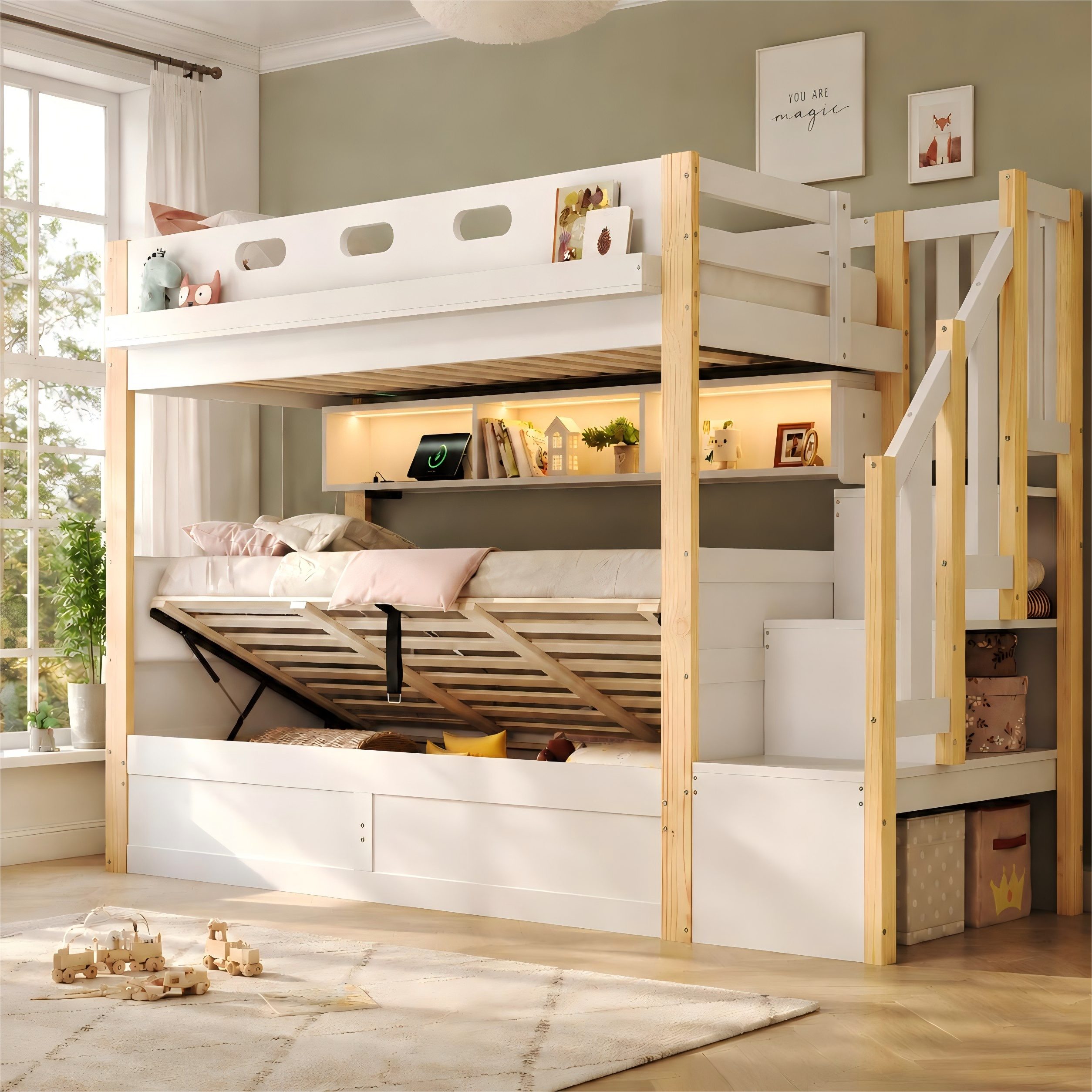Flieks Etagenbett, Kinderbett 90x200cm mit hydraulischem Unterbett, LED-Leiste, Aufladen