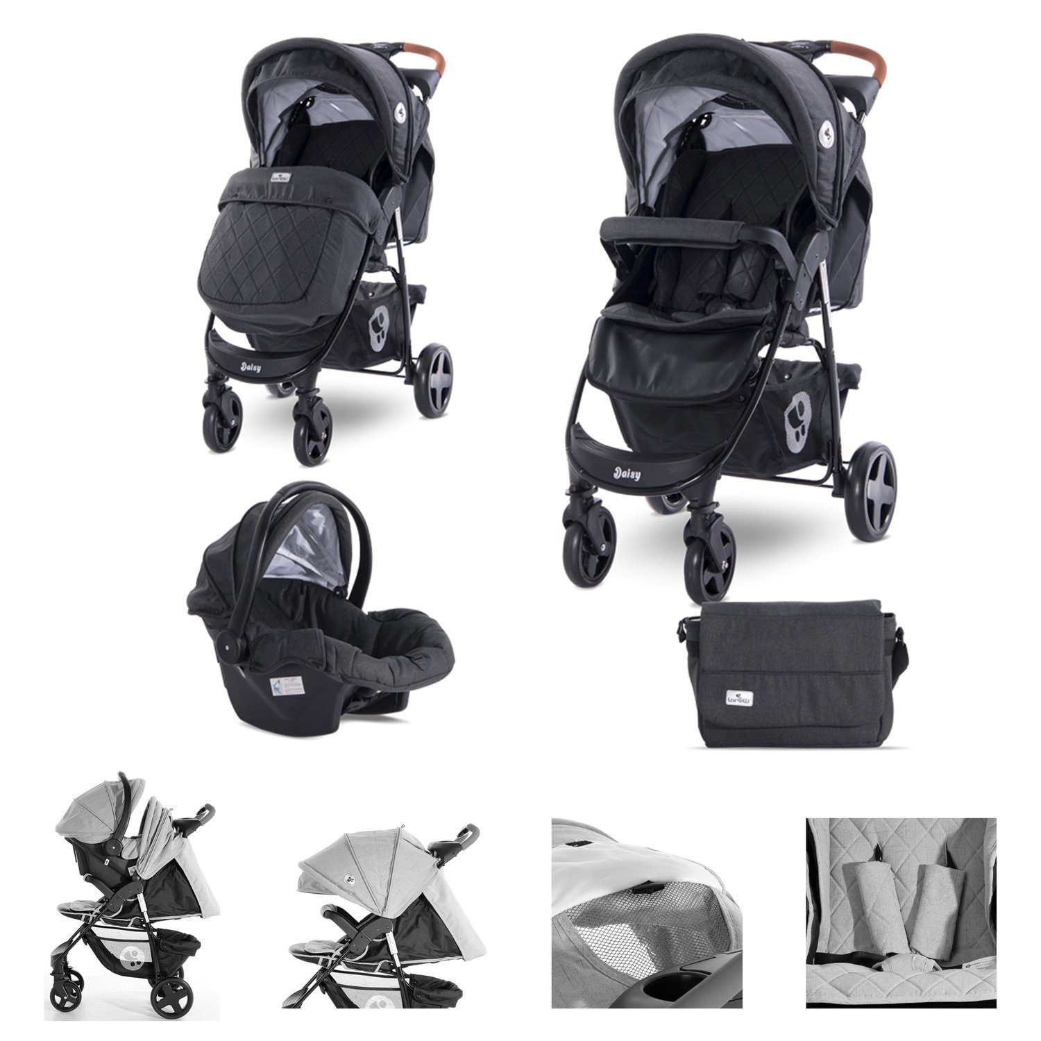 Lorelli Kombi-Kinderwagen Kombikinderwagen Daisy 2 in 1, Babyschale, Sportsitz, Fußabdeckung black