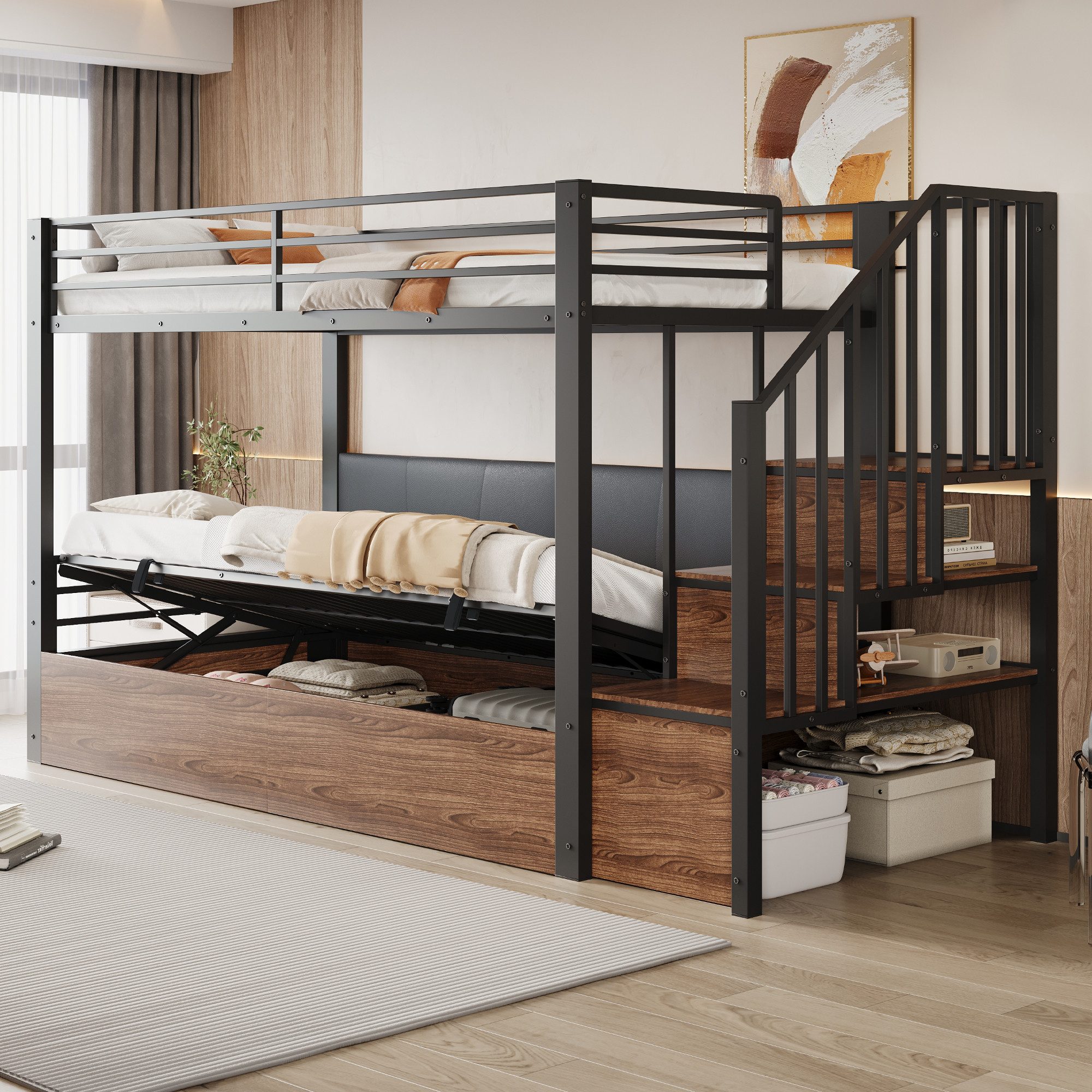 Flieks Etagenbett, Metallbett 90x200cm mit hydraulischem Unterbett und Stauraumtreppe