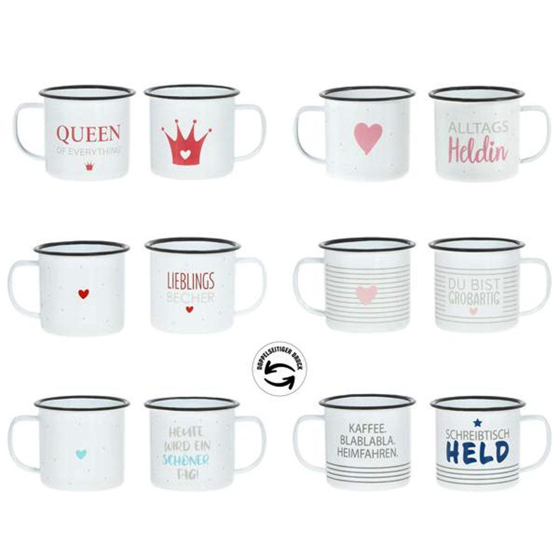 Macosa Home Becher Metall Weiß mit Spruch Metalltasse Metallbecher modern 350 ml, Campingtasse Campingbecher Queen Alltagsheldin Schreibtischheld