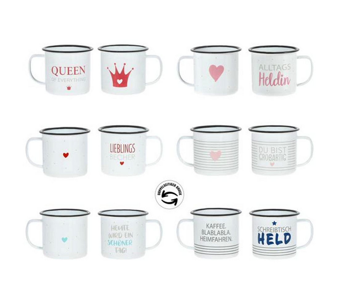 Macosa Home Becher Metall Weiß mit Spruch Metalltasse Metallbecher modern 350 ml, Keramik, Campingtasse Campingbecher Queen Alltagsheldin Schreibtischheld