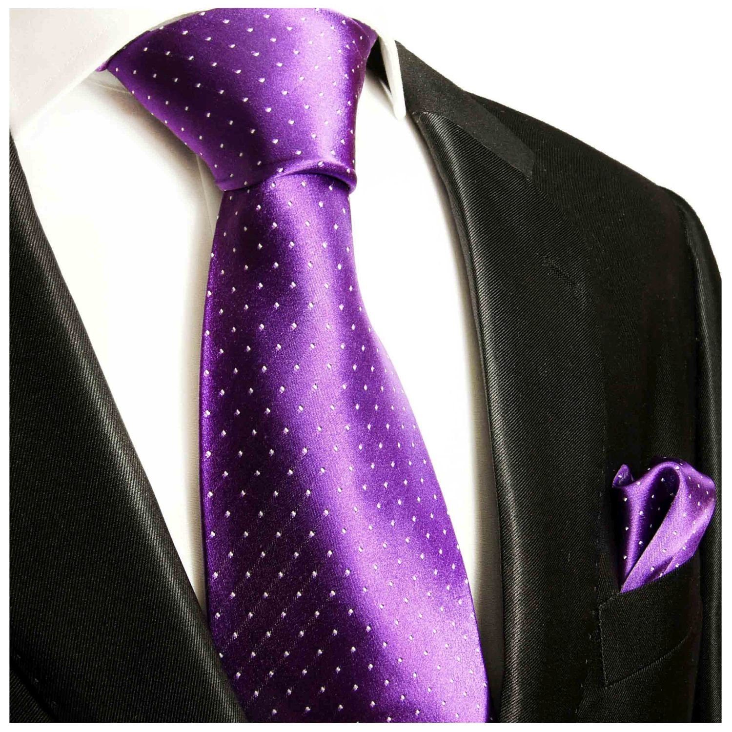 Paul Malone Krawatte Seidenkrawatte und Tuch Herren Schlips modern gepunktet 100% Seide (Set, 2-St., Krawatte mit Einstecktuch) Breit (8cm), lila violett 806
