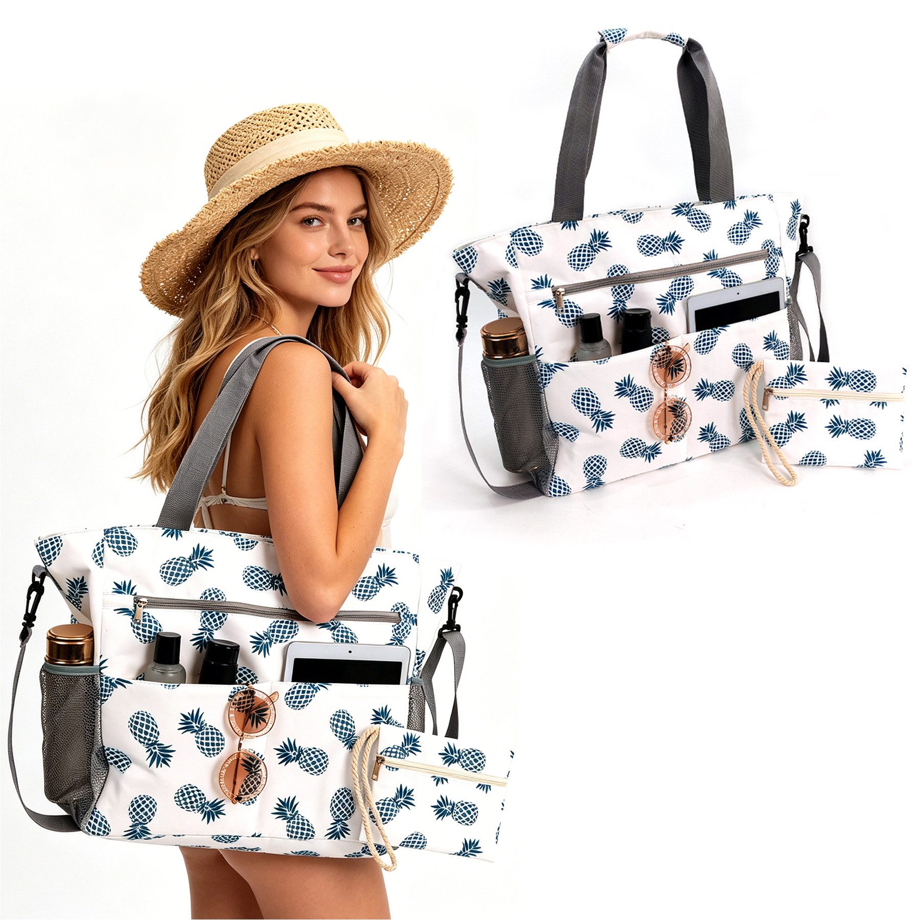 Mutig Strandtasche Große Strandtasche Damen mit Reißverschluss, Familie mit Kühlfach (Große Wasserdichte Strandtasche Damen, Shopper Tasche Handtasche Damen, XXL Familie, Badetasche Faltbar, Shopper Damen Groß Badetasche), mit Nassfach,für Strand Pool Picknick Reisen, Schwimmen,ins Schwimmbad