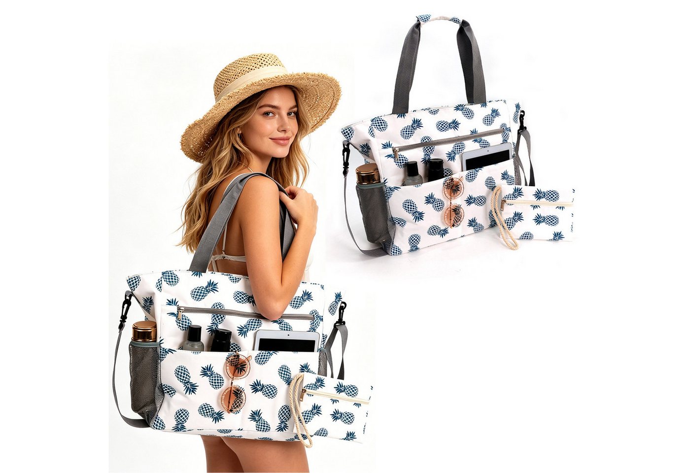 Mutig Strandtasche Große Strandtasche Damen mit Reißverschluss, Familie mit Kühlfach (Große Wasserdichte Strandtasche Damen, Shopper Tasche Handtasche Damen, XXL Familie, Shopper Damen Groß Badetasche, Badetasche Faltbar), mit Nassfach,für Strand Pool Pic