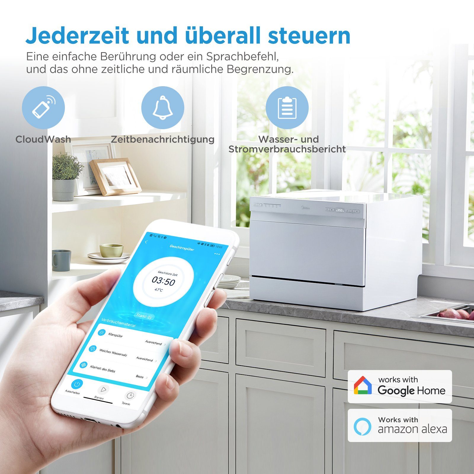 Midea Tischgeschirrspüler MDWTT0602MW-WE, 6 Maßgedecke, Integrierter Wasserenthärter, IOT, 1-24-Stunden-Startverzögerung – Bild 4 von 5