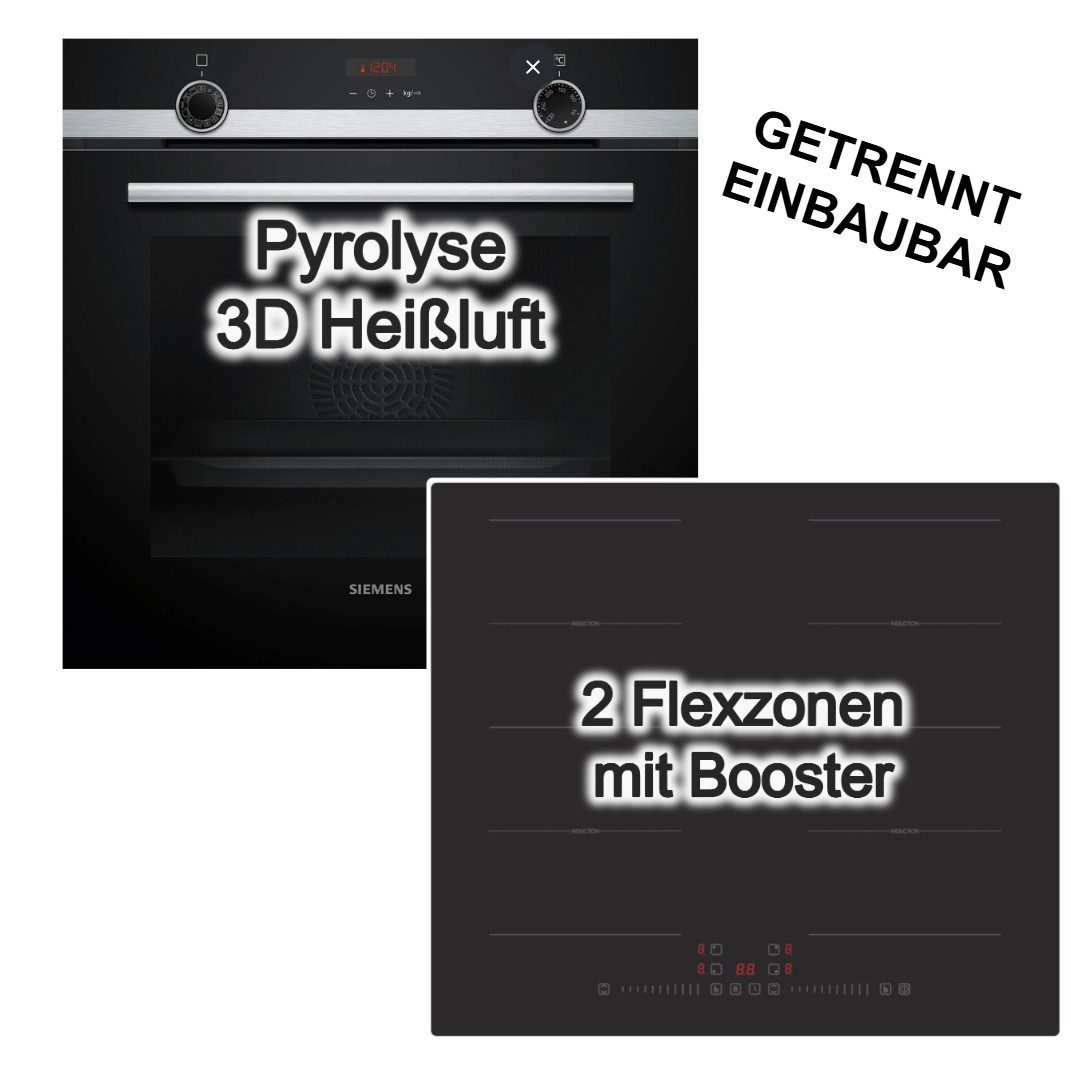 SIEMENS Backofen-Set Backofen Pyrolyse 3D-Heißluft + PKM Induktionskochfeld Flex Booster, mit 1-fach Teilauszug, Pyrolyse-Selbstreinigung Hydrolyse