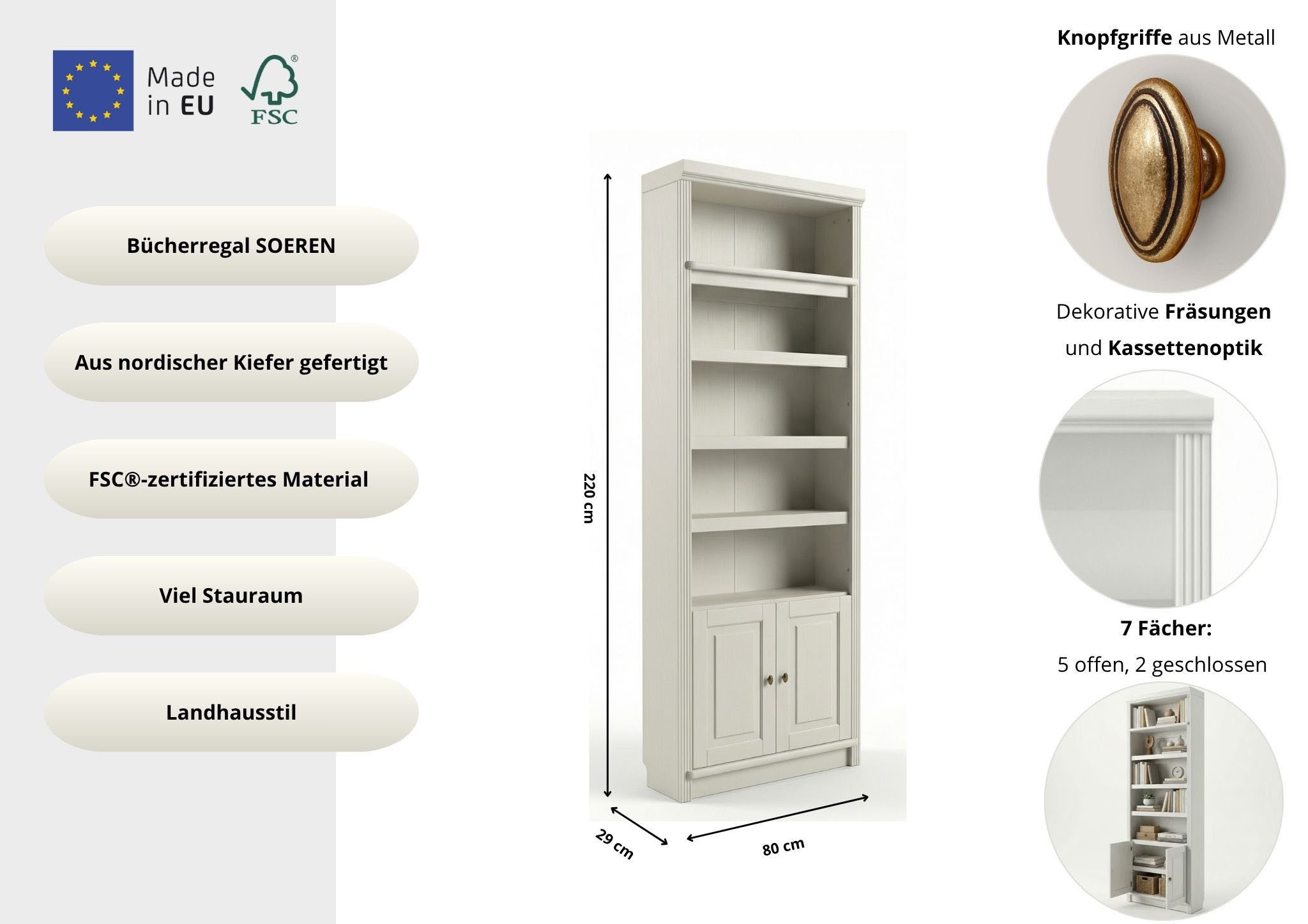 OTTO home Bücherregal mit 2 Türen Soeren Regal Aktenregal B/T/H: 80/29/220 cm, massive Kiefer, FSC®-zertifiziert