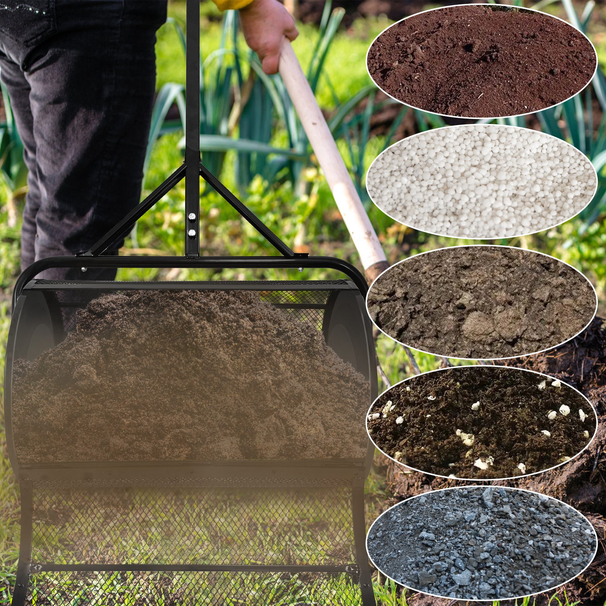 FIVMEN Streuwagen Kompoststreuer Gartenstreuer mit Griff Rasenstreuer 80L Düngerstreuer, Saatgutstreuer Streuer für Kompost, Dünger, Garten, Rasen, 40x65x110cm