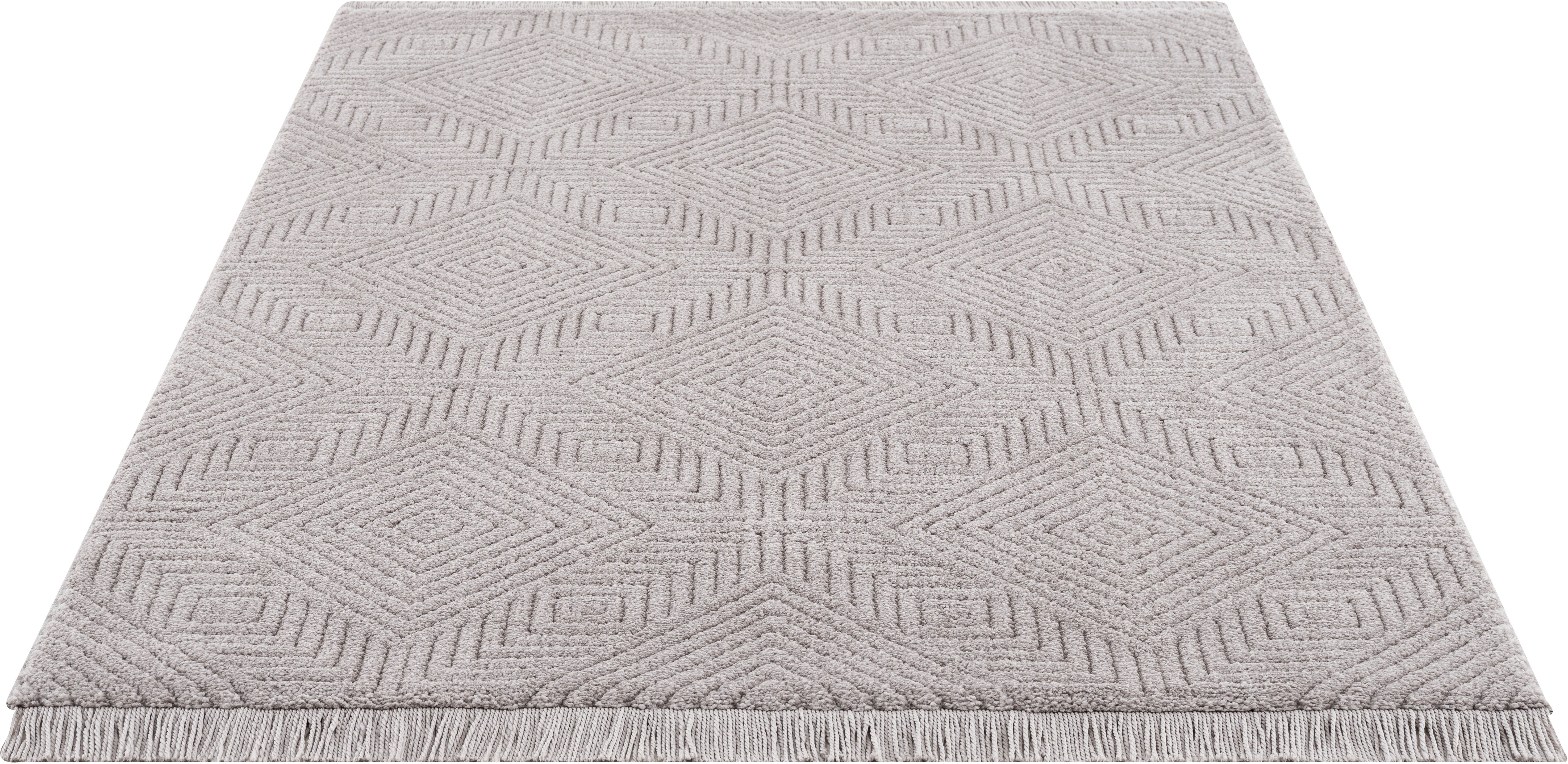 Leonique, mit Teppich grau Fransen rechteckig, Wende-Teppich 22 grafisches Boho, mm, im Design, Höhe: Duchesse, 3D-Effekt,