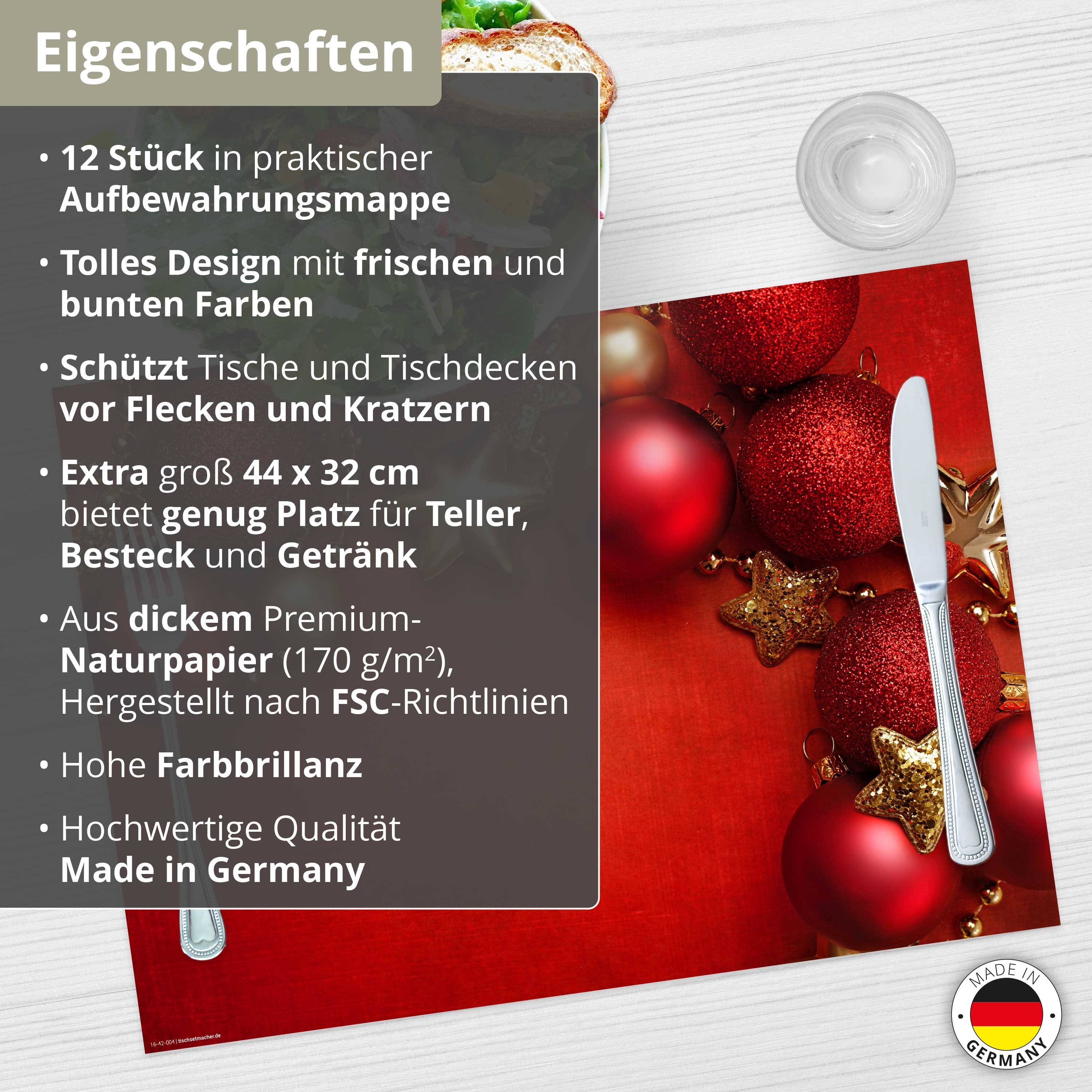 Tischsetmacher Platzset Tischsets I Platzsets - Weihnachten - Rote Kugeln rechts oben, (aus Naturpapier in Aufbewahrungsmappe, 12-St., 44 x 32 cm / rot), Made in Germany