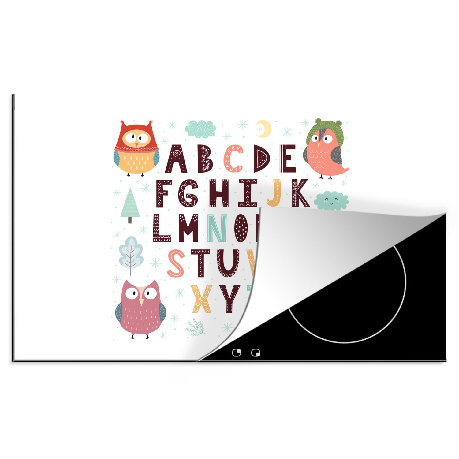 MuchoWow Herdblende-/Abdeckplatte Illustration Alphabet mit lustigen Eulen, Vinyl, (1 tlg), 81x52 cm, Induktionskochfeld Schutz für die küche, Ceranfeldabdeckung