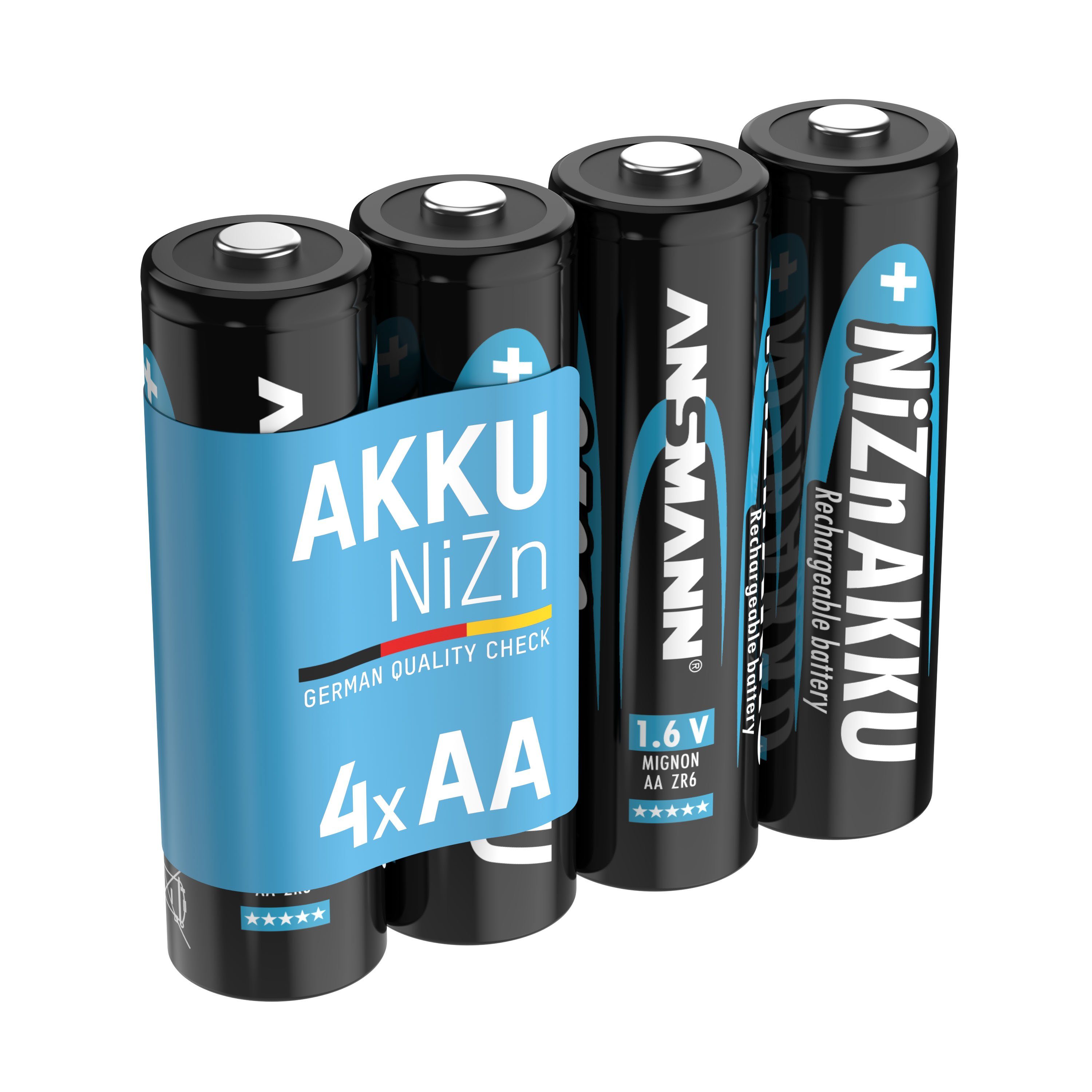 ANSMANN® Mignon NiZn Akku AA 1,6V 2500mWh, wiederaufladbare Batterien - 4 Stück Akku 1600 mAh (1.6 V)