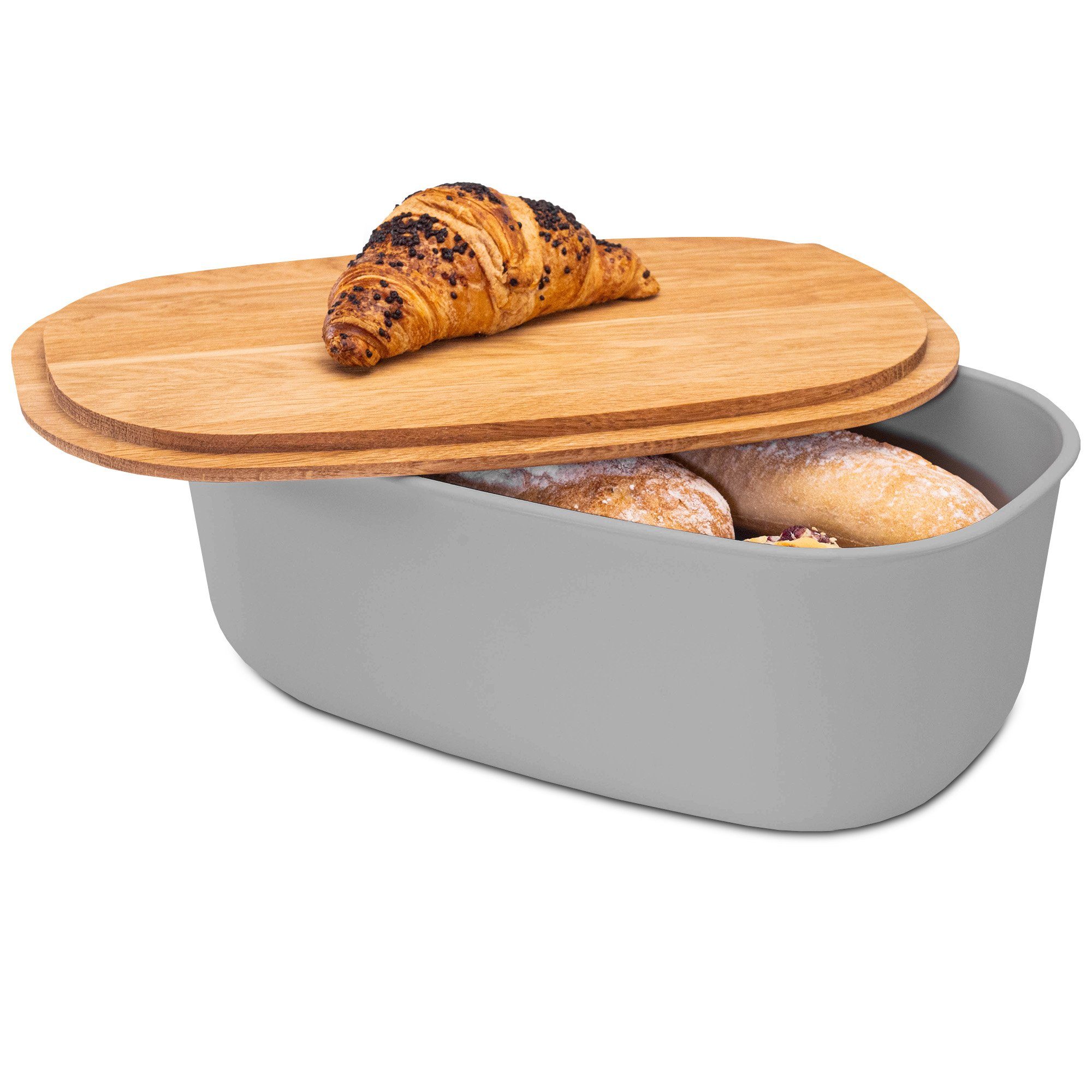KONZEPT Brotkasten Brotkasten mit Schneidebrett aus Holz 2in1 Brotbox, Groß, BPA-frei, europäische Produktion Grau