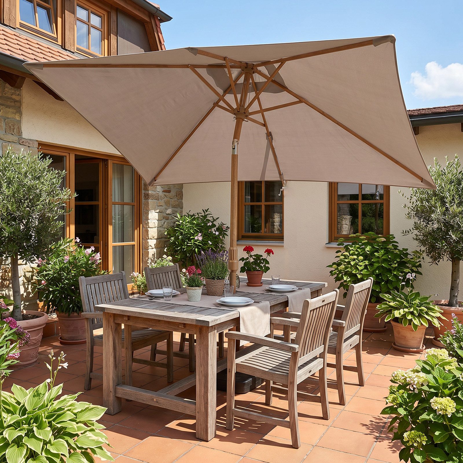 Sekey Sonnenschirm 300 x 200 cm Sonnenschirm Rechteckig Holzoptik Gartenschirm Knickbar, LxB: 300x200 cm, Marktschirm Holzoptik-Schirmstiel, für Garten – Bild 2 von 5