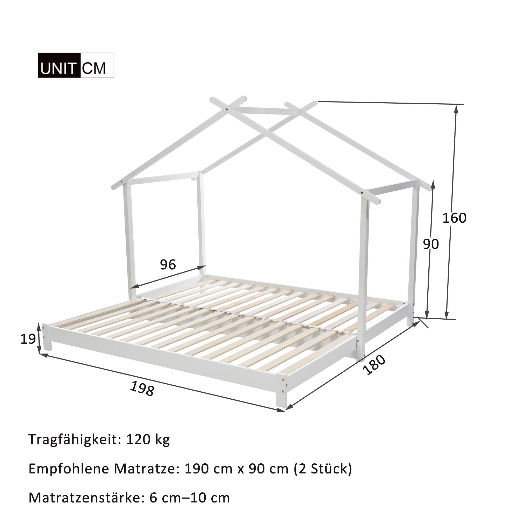 Breite Weiß Ausziehbett, Fangqi Ausziehbares verstellbare Ausziehbett, Hausform, Kinderbett Bett, Kinderbett, ausziehbar, Bett, (90-180)*190 Massivholzbettgestell), Jugendbett, (set,Familienbett, mit Lattenrost