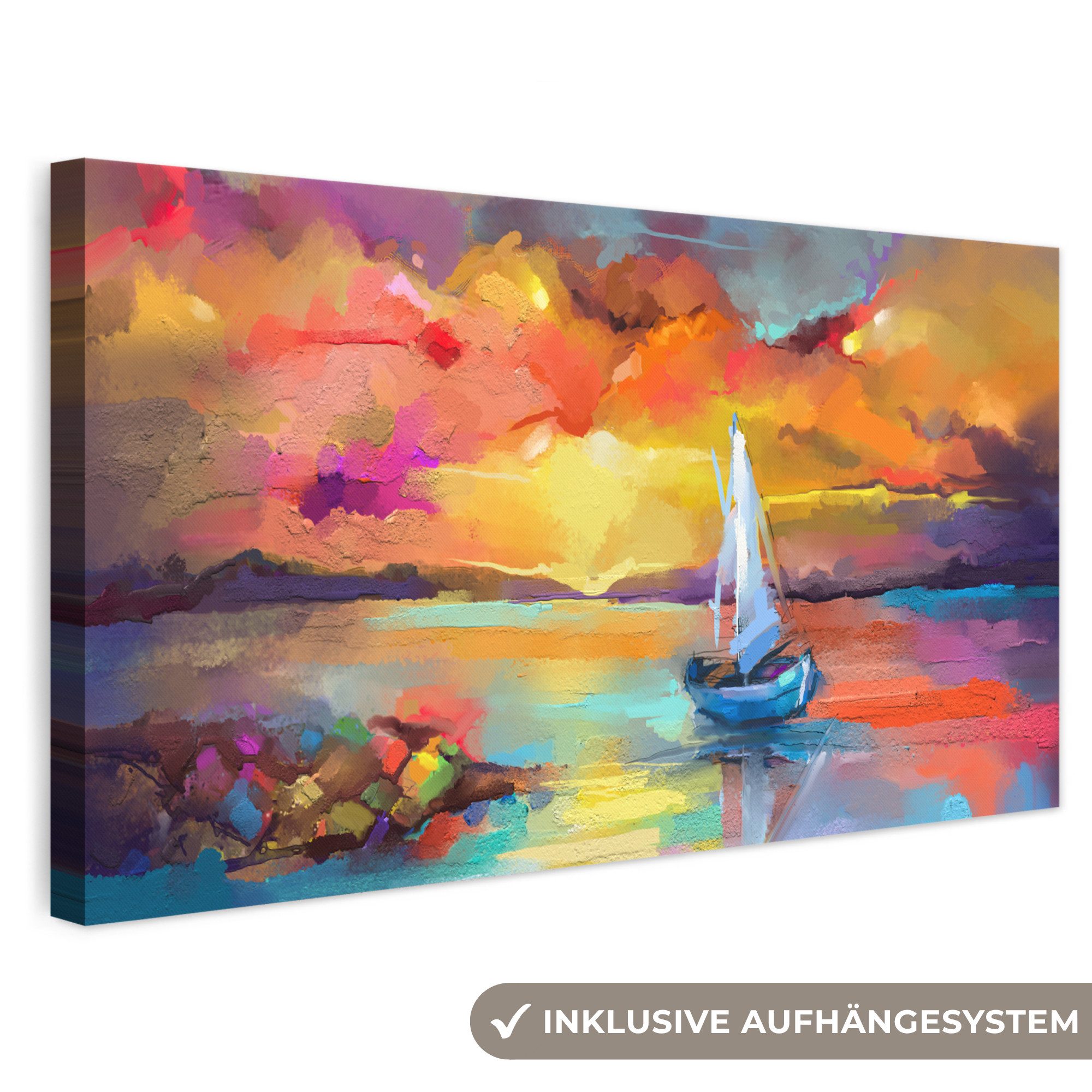 OneMillionCanvasses® Leinwandbild Panorama Malerei - Ölfarbe - Boot - Farben, Fotodruck (1 St), Wandbild, Deko Schlafzimmer Wohnzimmer Flur 40x20 cm