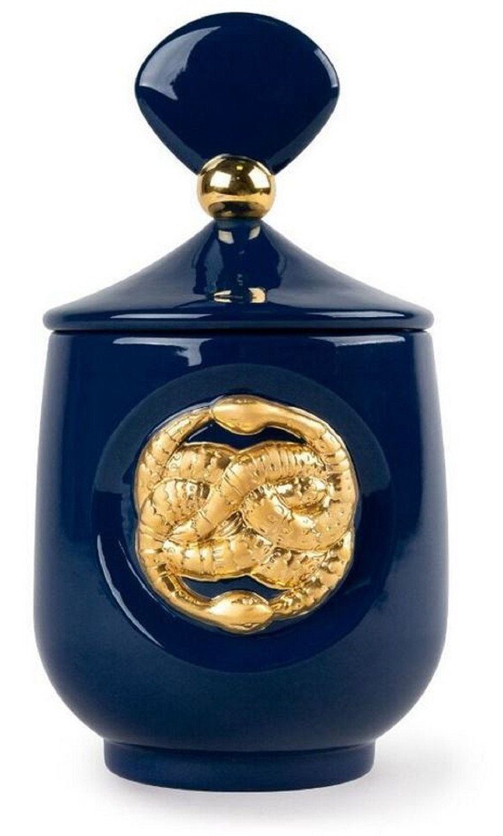 Casa Padrino Teelichthalter H. / Porzellan Qualität Runder - Ø Deckel 11 Gold mit Deko Duftspender Luxus Accessoires - Luxus Raumerfrischer cm Schlangen Dunkelblau - 21 x