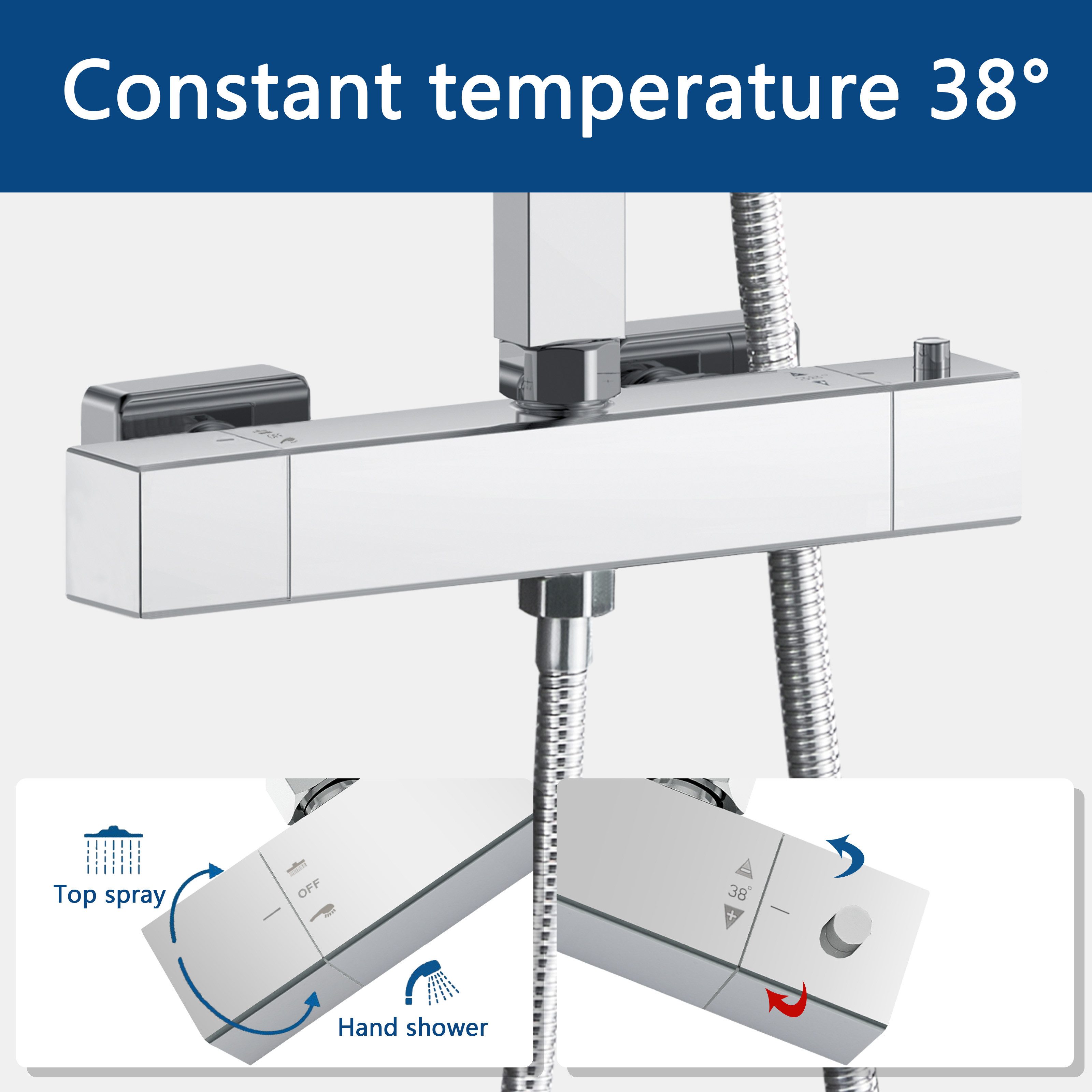 Aica Sanitär Duschsystem AICA 38°C Thermostat-Duschset mit Regendusche & Handbrause, Set, Brauseschlauch mit Verdrehschutz – Bild 3 von 5