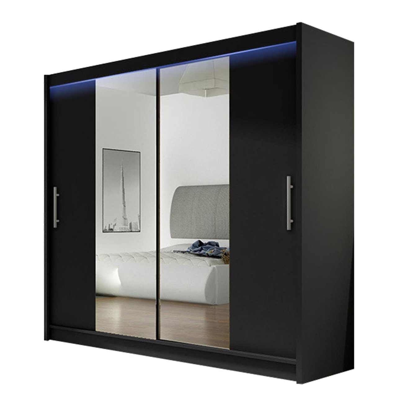 MIRJAN24 Kleiderschrank London II (mit Schiebetüren und Spiegel) 180x215x58 cm, Garderobe, Schiebetürenschrank