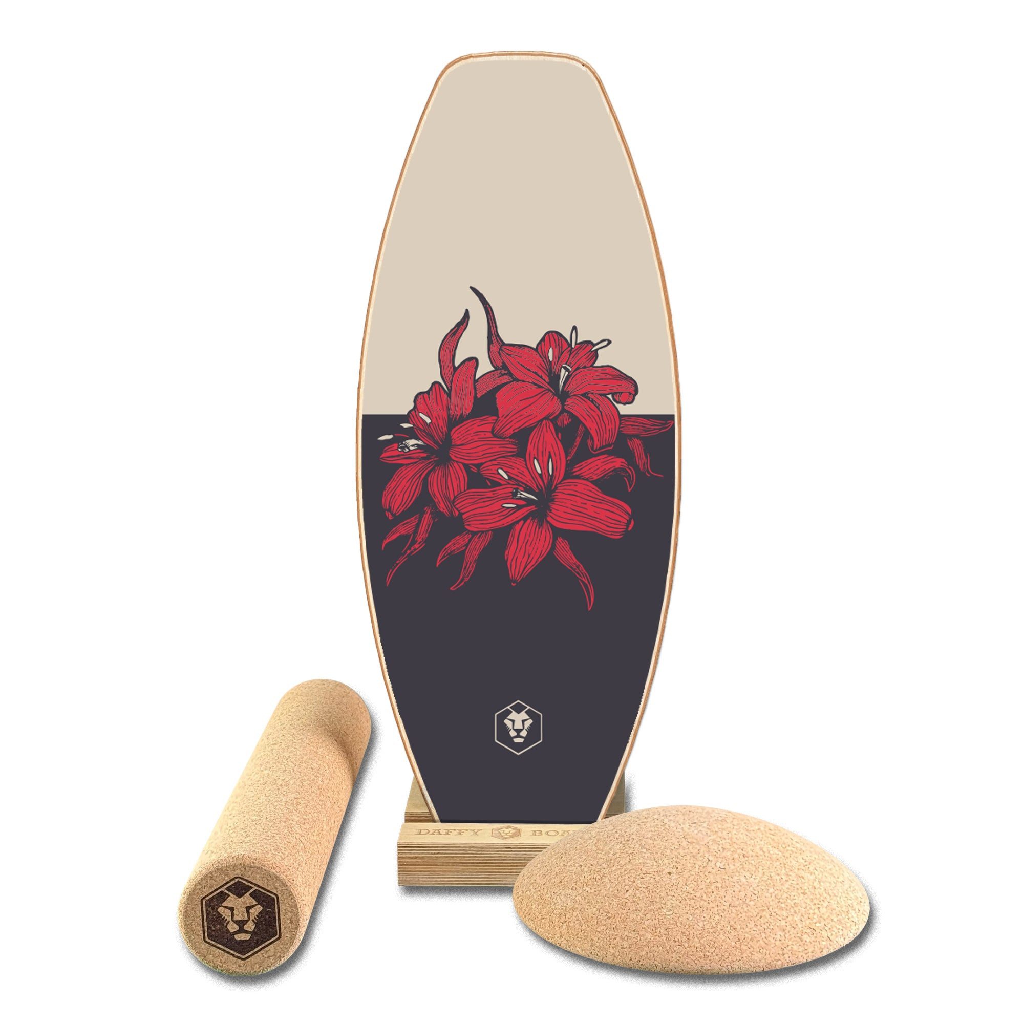 Daffy Boards Balanceboard + Rolle + Kork-Halbkugel + Ständer, Design Hibiskus