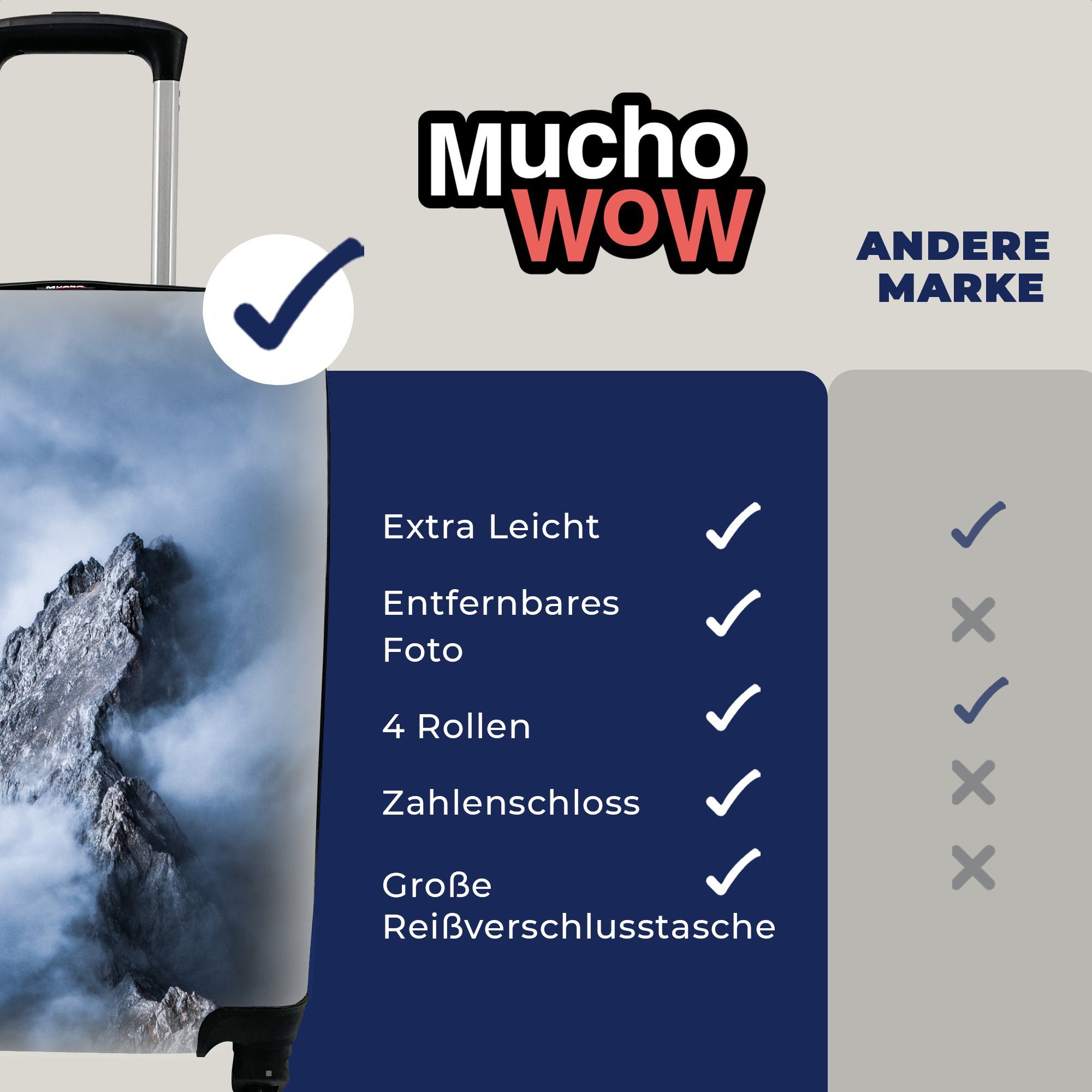 MuchoWow Handgepäckkoffer Alpen - Rollen, Reisekoffer 4 Reisetasche Ferien, für mit Wolken, rollen, Handgepäck Trolley, - Felsen