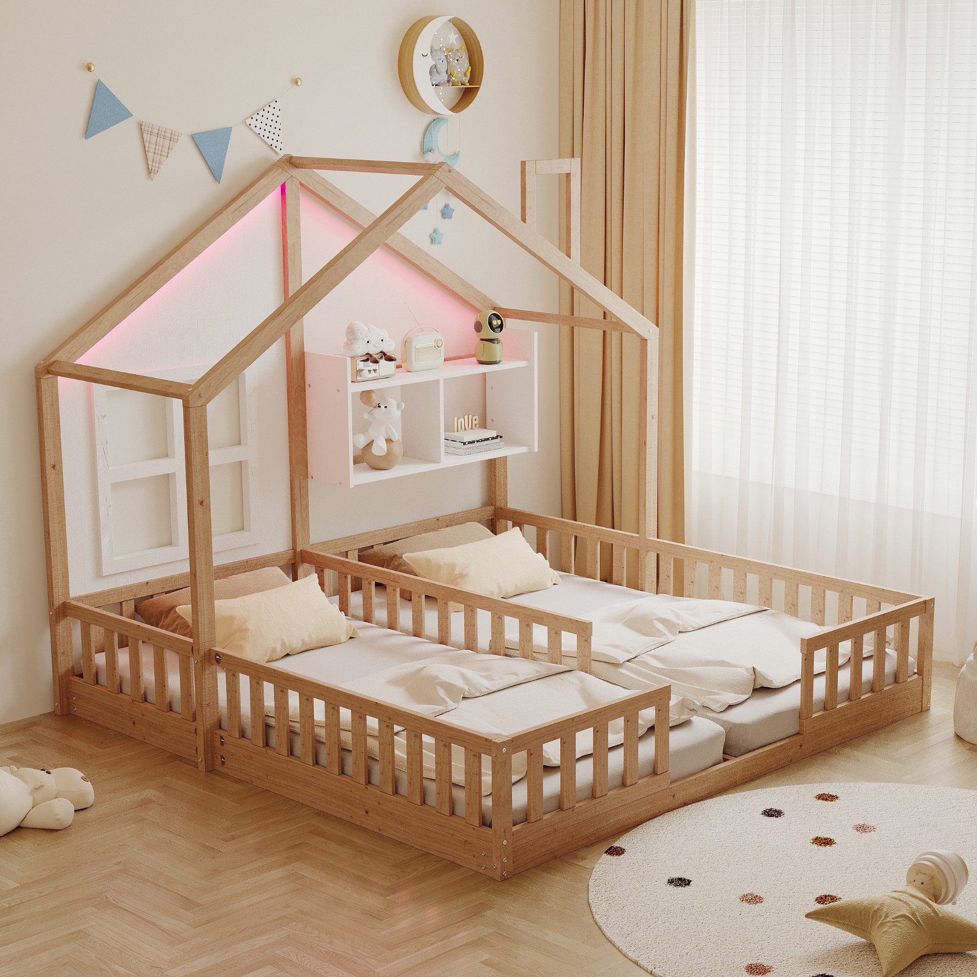 Merax Kinderbett 90×200cm Bodenbett mit LED-Licht, Jugendbett im Hausdesign (1-tlg), Doppelbett 90×200cm mit Sicherheitsgeländer, Ablagefach & Lattenrost