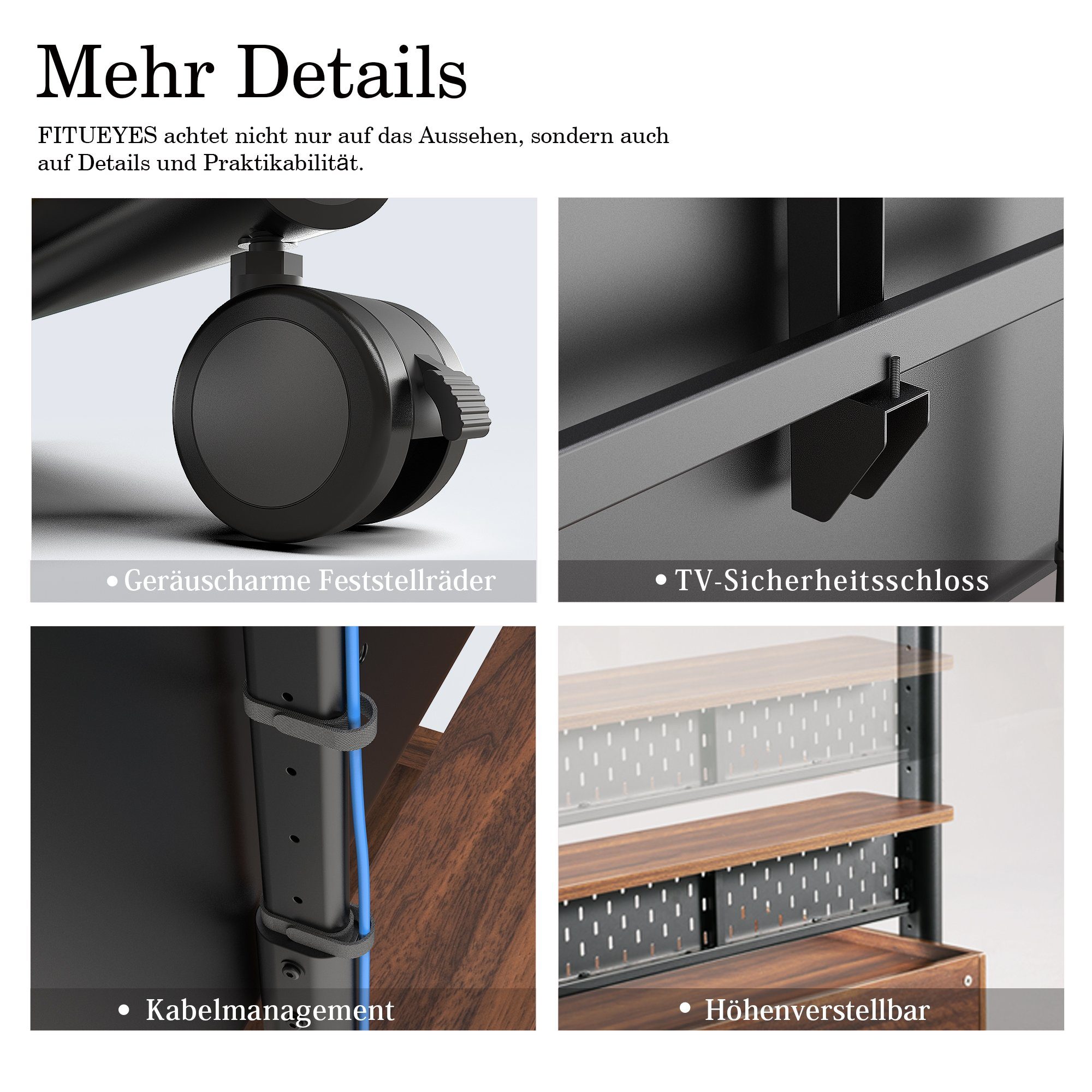 FITUEYES TV-Ständer TV Rollwagen mit Lenkrollen, Ablage, 2 Fächern, Lochplatte, (bis 100,00 Zoll, höhenverstellbare, 70-100 Zoll) – Bild 5 von 5