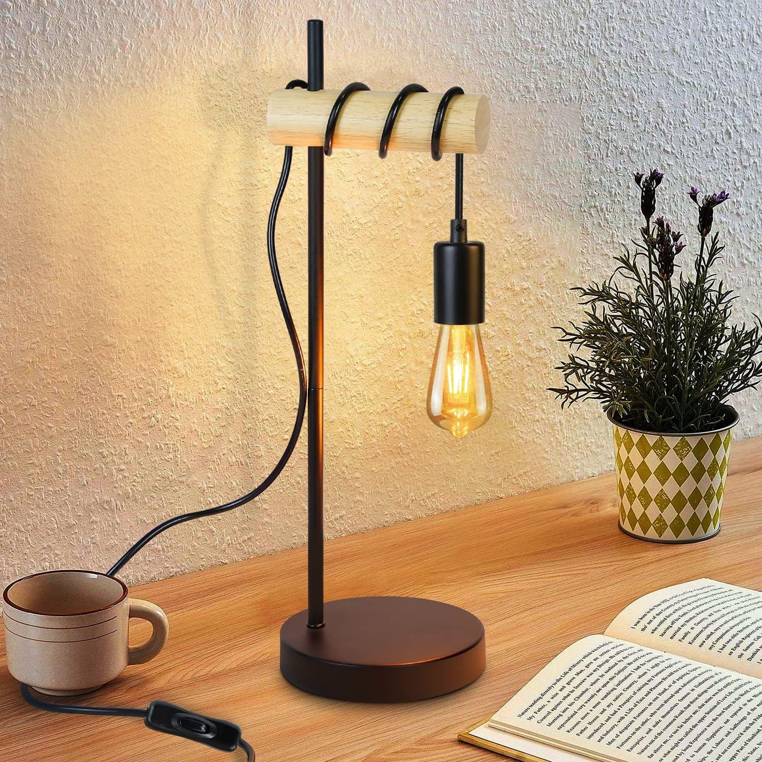 Riserva Schreibtischlampe Retro Tischlampe Schwarz E27 Holz 49 cm mit Schalterkabel