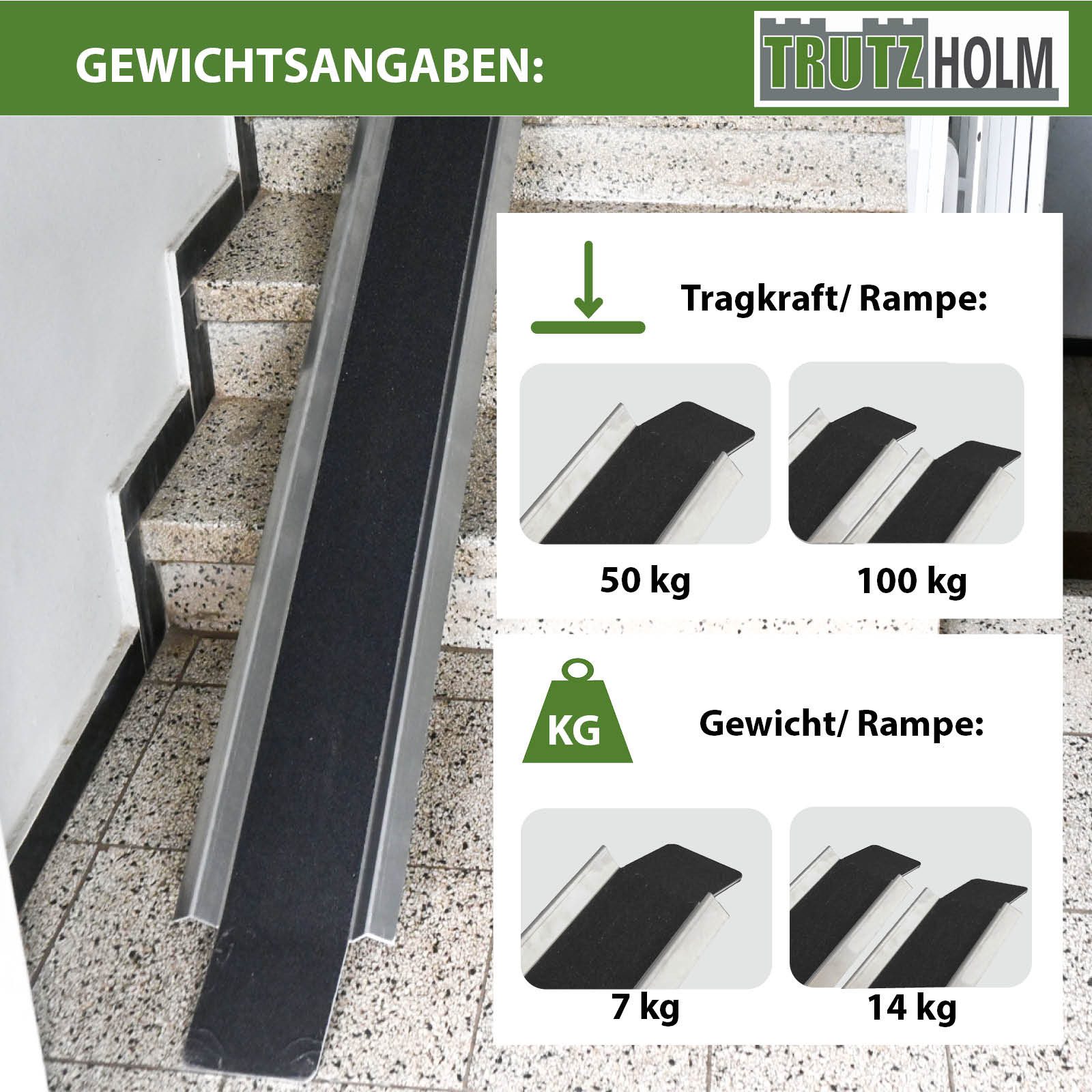 TRUTZHOLM Auffahrrampe Alu 150-270 cm verstellbar 50 kg Auffahrschiene Fahrrad E-Bike Mofa (1-St), Friktionsbeschichtete Oberfläche, Länge flexibel anpassbar