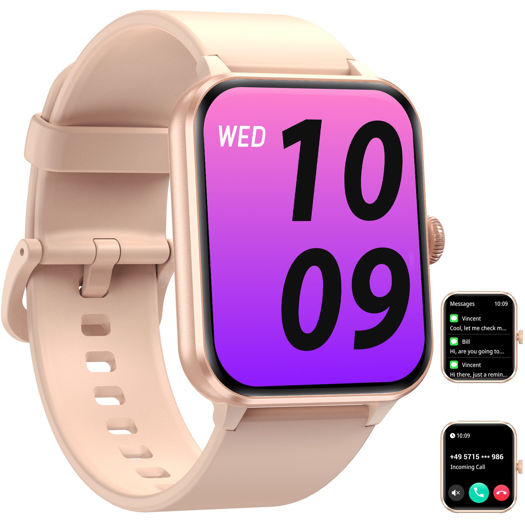 IOWODO Smartwatch Damen Herren 2026,350mAh (6 Tage), 1,85" HD,Bluetooth Anruf Smartwatch (1.85 Zoll, IOS/Android) Smartwatch Damen Herren,Smart Watch für Android iOS( 2 Armband) , mit Wechselband aus weichemSilikon und Ladekabel, Telefon,App-Fitnesskurse, SpO₂-/HR-/Schlafüberwachung,2 Armbänder,IP68