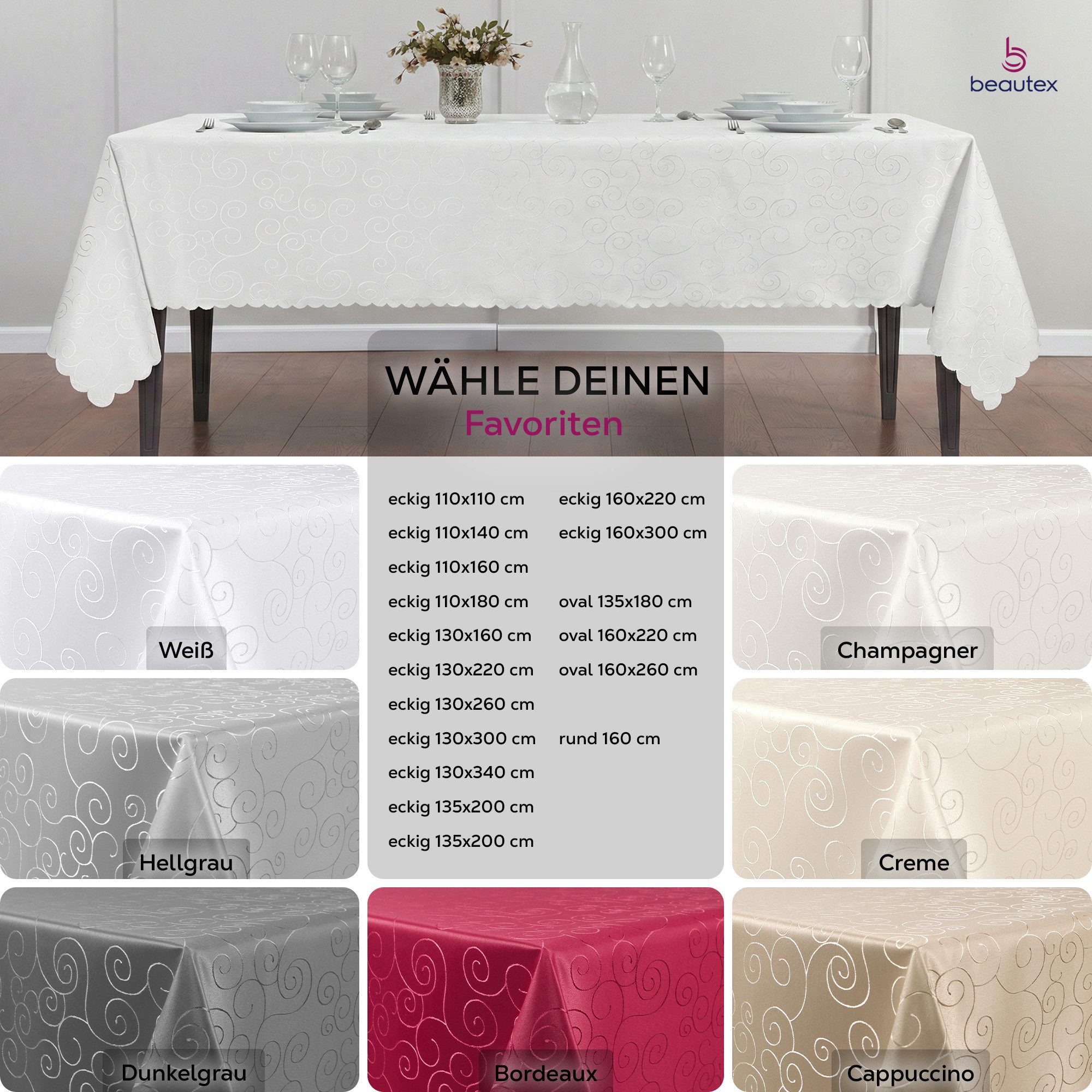 Beautex Tischdecke Damast Ornamente bügelfrei fleckenabweisend pflegeleichte Tischwäsche (1-tlg), Lotuseffekt, Formstabil, Strapazierfähig, Eleganter Glanz, Kni – Bild 5 von 5