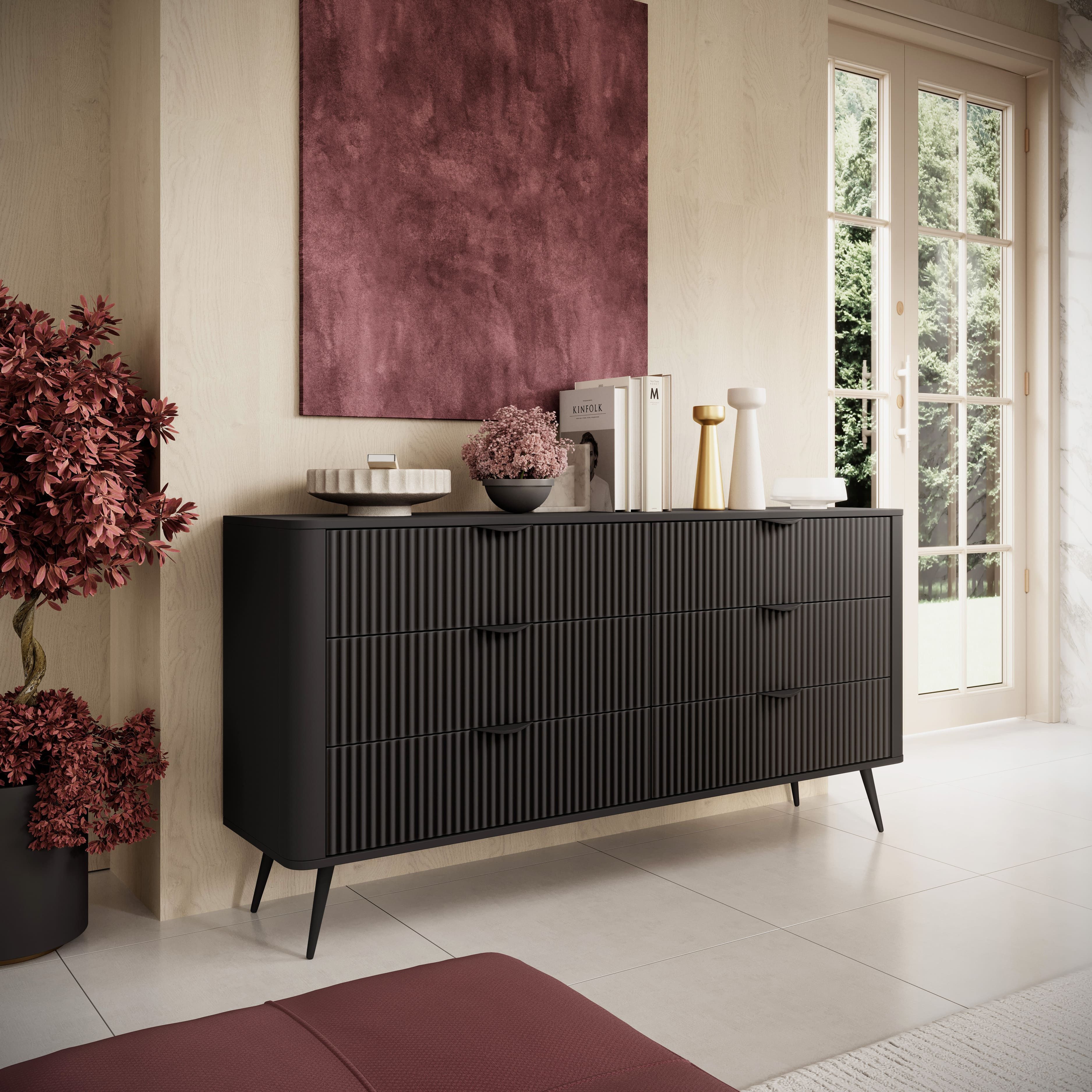 MOEBLO Kommode Pholx B 163 6s (Griffe und Beine aus Metall, geriffelte-Fronten, Sideboard Wohnzimmer Kommode Schlafzimmer Komodenschrank Highboard)