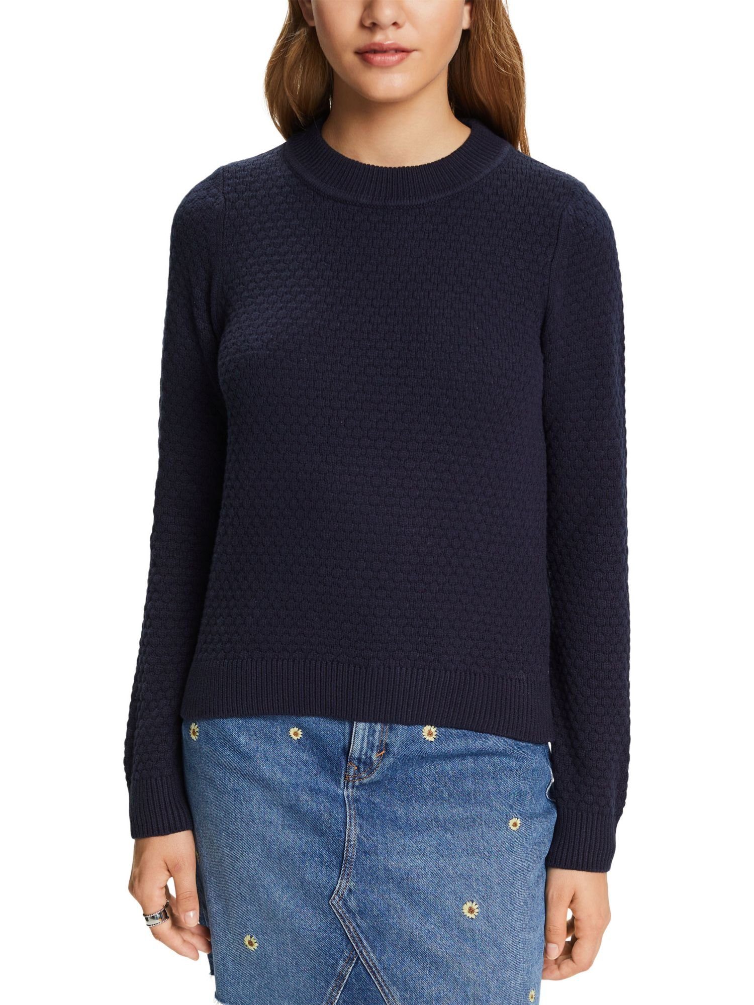 Baumwollmix Rundhalspullover Esprit Strukturierter Strickpullover, NAVY