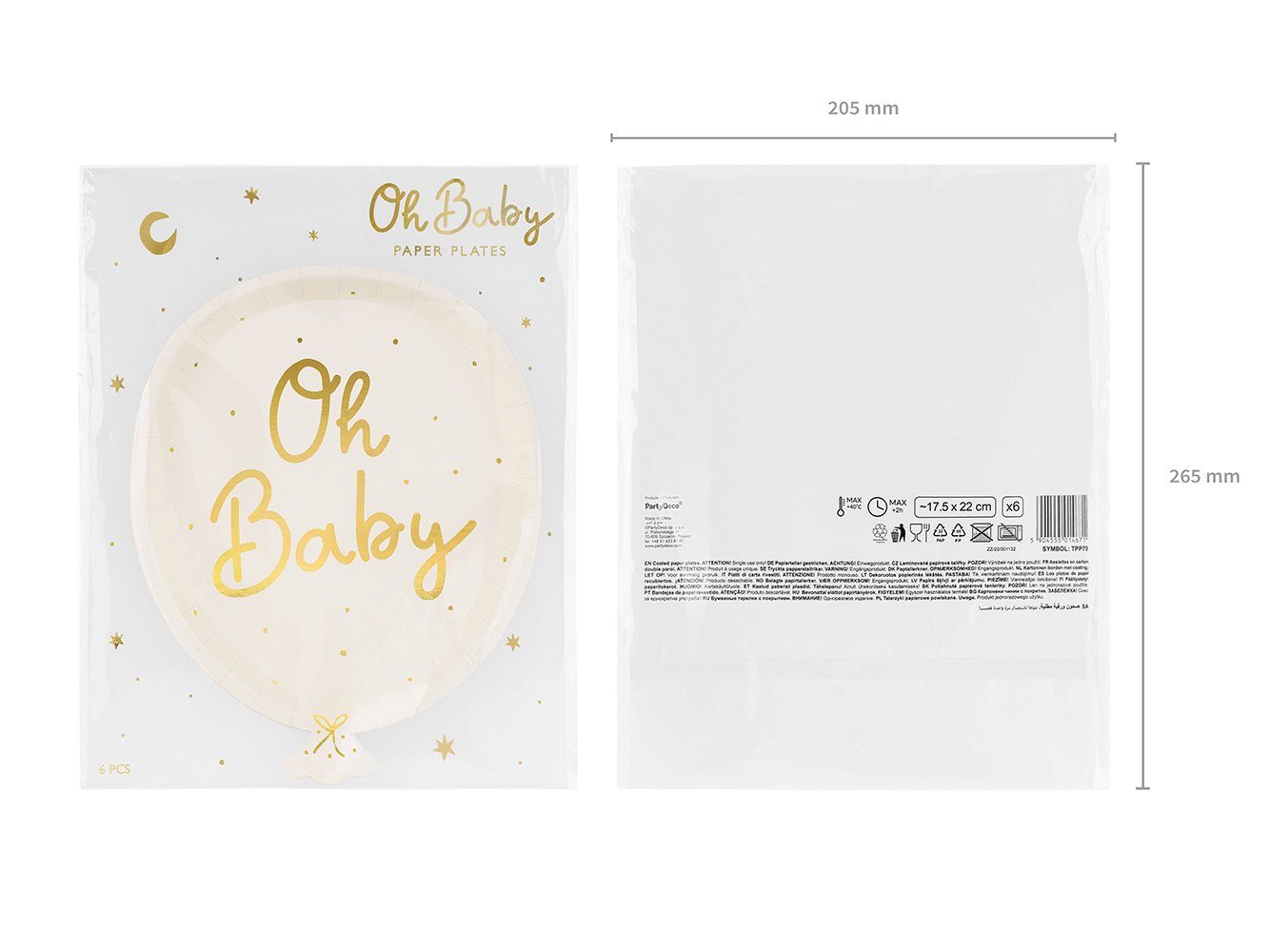 partydeco Pappteller, Pappteller Oh Baby 17,5x22cm 6er Set creme gold