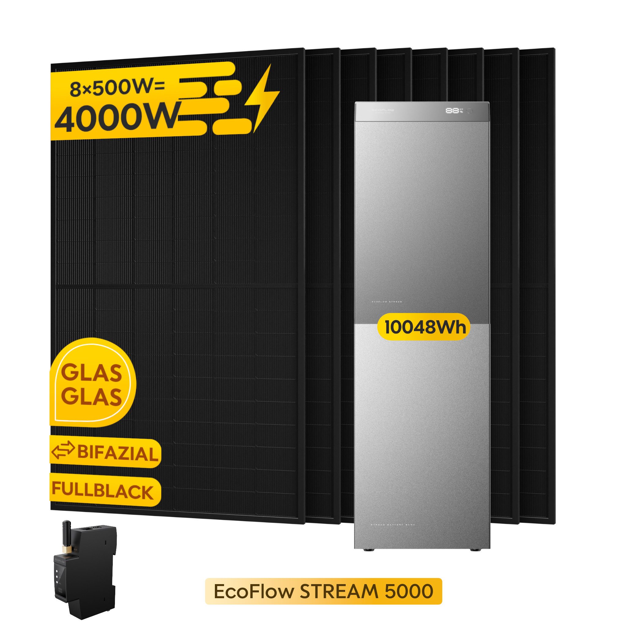 Ecoflow Balkonkraftwerk EcoFlow STREAM 5000 mit EB 5000 Zusatzbatterie, 10.048 Wh, 4000 Wp, (mit 8 x 500Wp Solarmodule+Smart Meter), inkl Halterung (Optional)