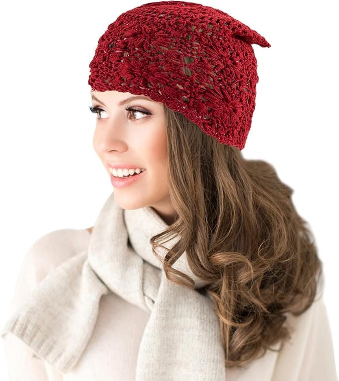Oemmn Beanie Damen-Häkelmütze, lockere Strickmütze, Baumwolle, handgefertigt