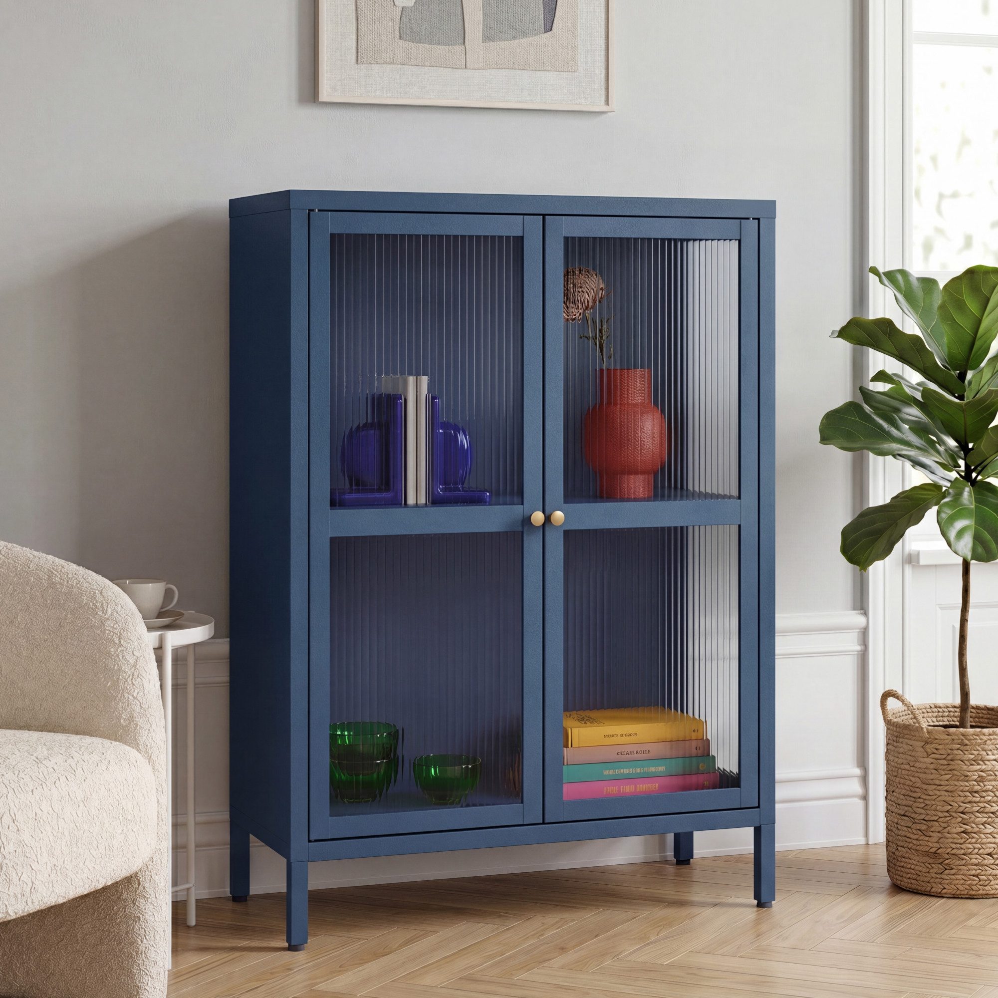 en.casa Sideboard, »Säkylä« Stahl mit 2 Glastüren geriffelt 84x64x35 cm Navyblau