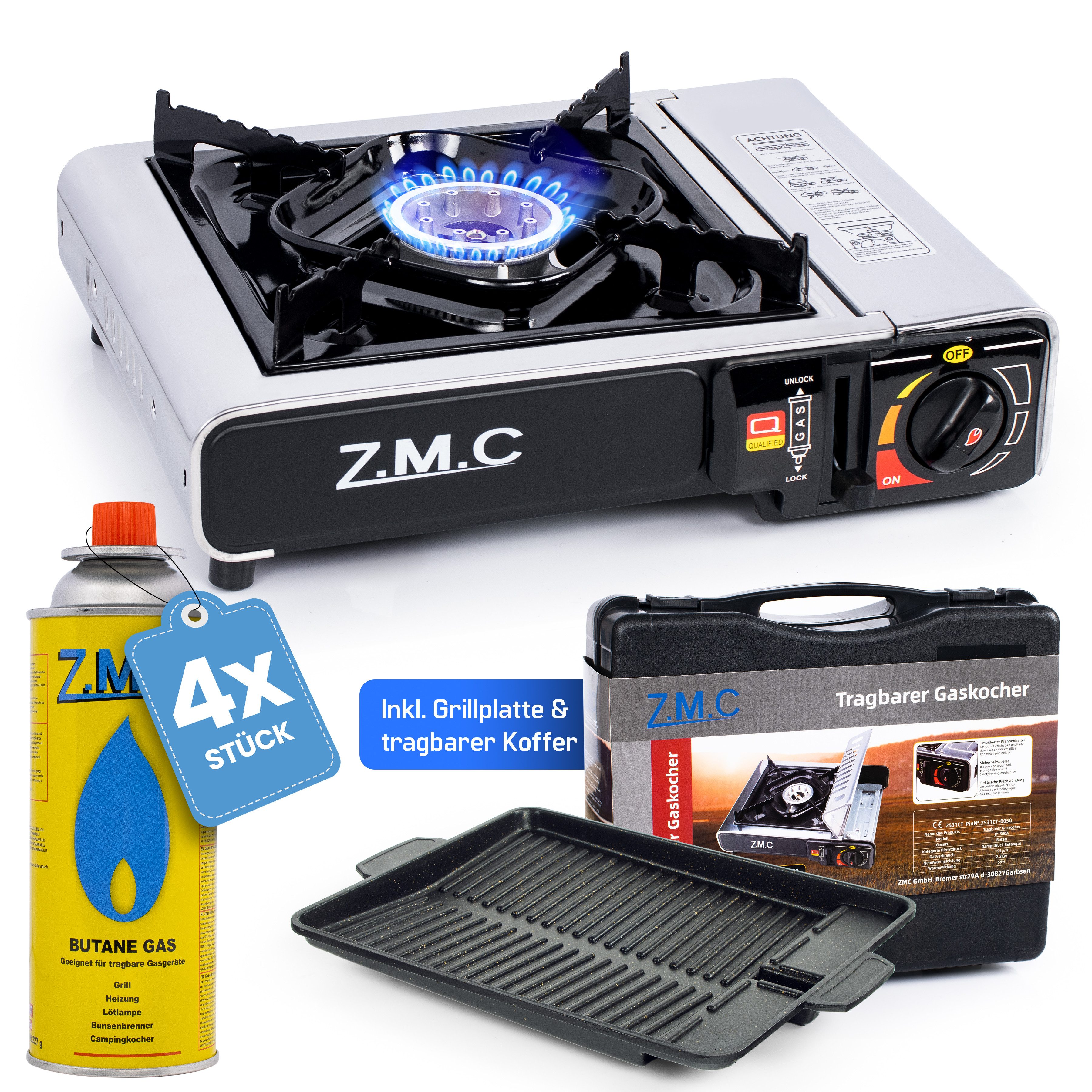 ZMC Gaskocher Edelstahl 1 flammig Campingkocher Gaskocher Grillplatte+4 Gaskartusche, (Grill Platte Tischgrill Doppel Gasbrenner Gasgrill Kochfeld mit Piezozündung Wärmeleistung: 2,2KW, 2,2KW), Butan Gas 227g Gaskocher Outdoor Camping Gas Kocher Herd Buta