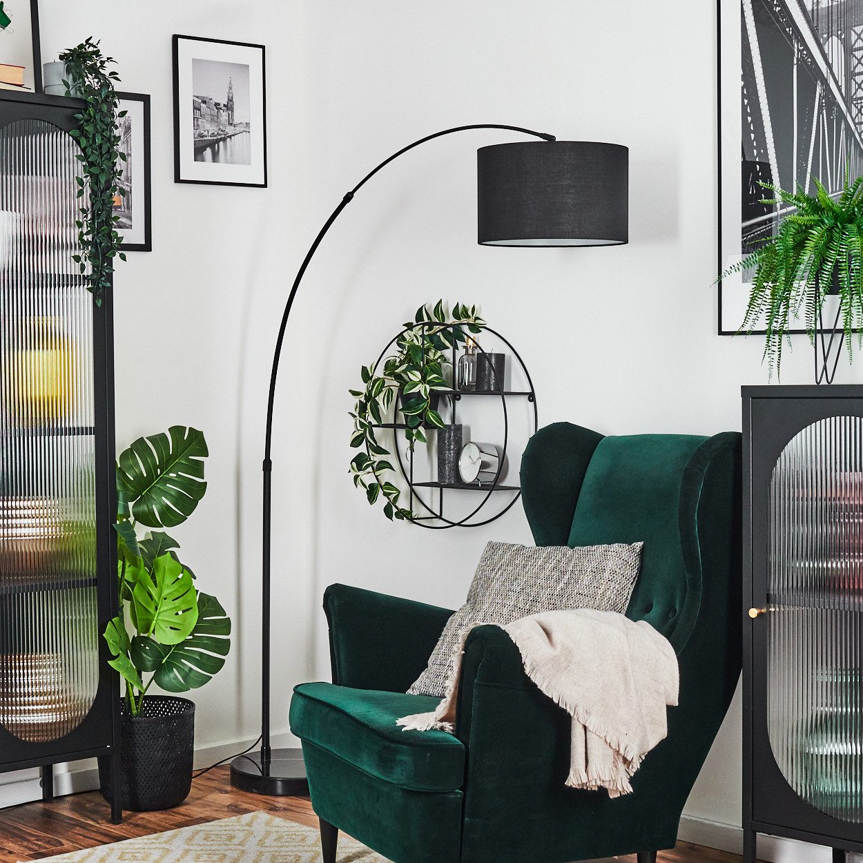hofstein Bogenlampe Stehlampe mit Marmorfuß aus Metall/Stoff in Schwarz/Weiß, verstellbare Stehleuchte im modernen Design, Ø 35 cm, Fußschalter, E27