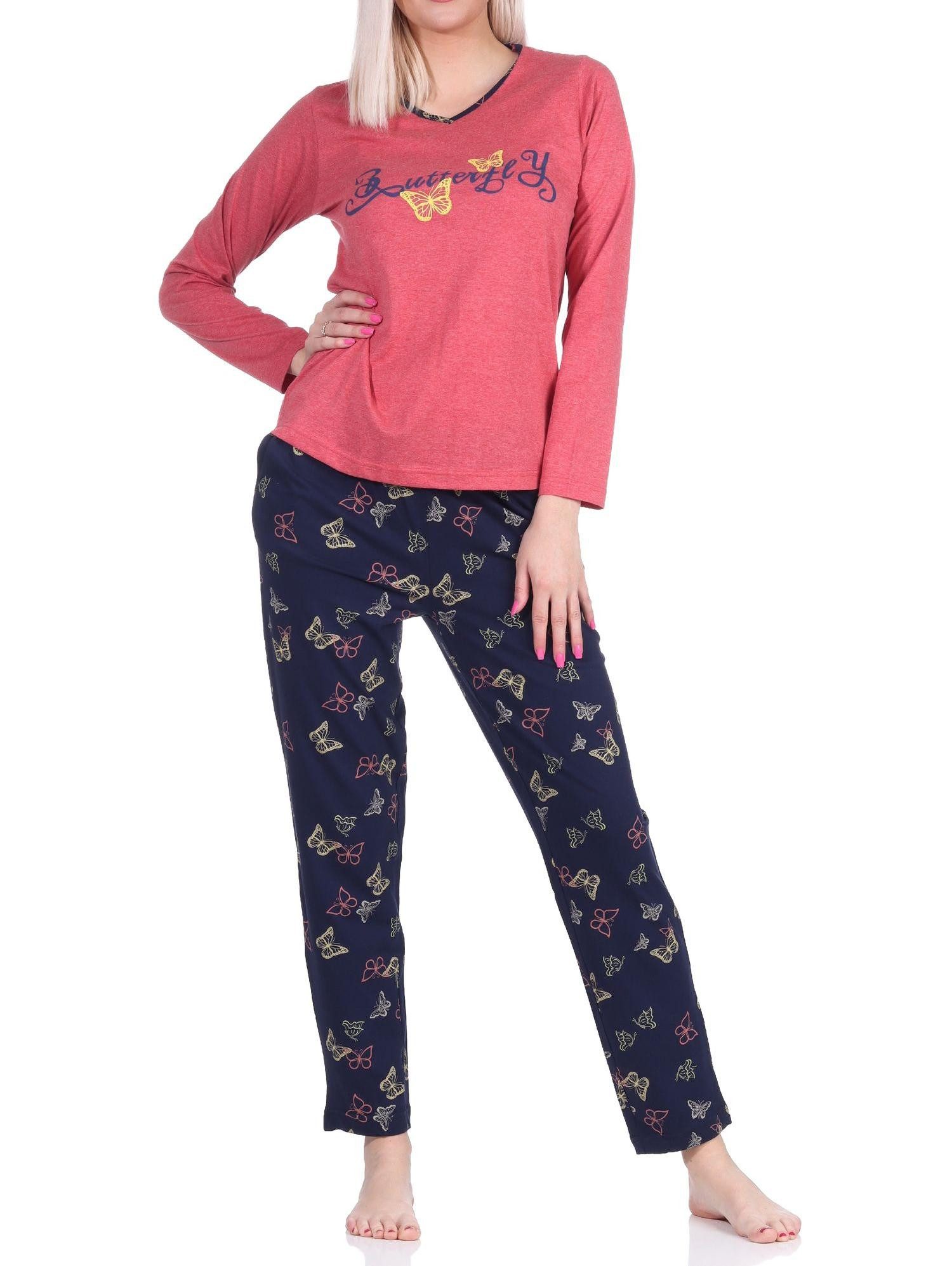 Pyjama Damen langarm Schlafanzug mit Schmetterling als Motiv