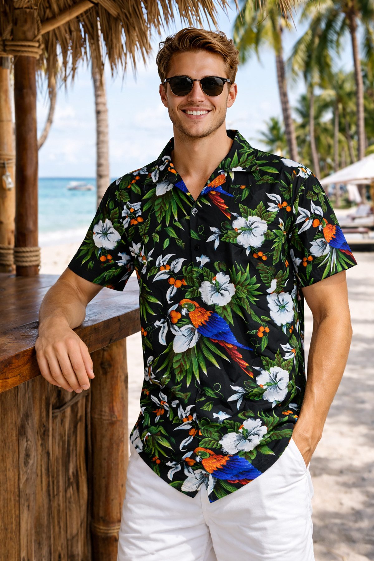 King Kameha Hawaiihemd "Cherry Parrot" Funky Hawaiihemd Herren Kurzarm Fronttasche Sommerhemd